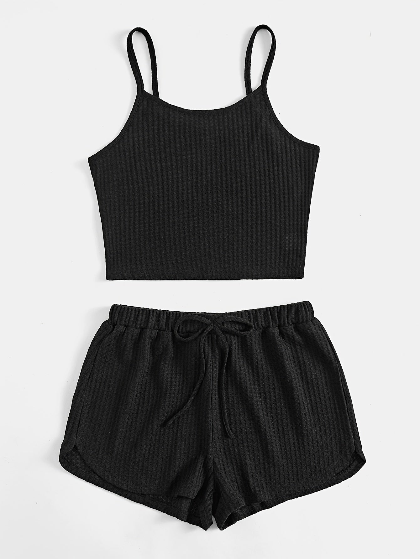 Solid Waffle Shorts Casual Set, Spaghetti Strap Sleeveless Crop Cami Top & Knotted Front Shorts Outfits, Women's Clothing