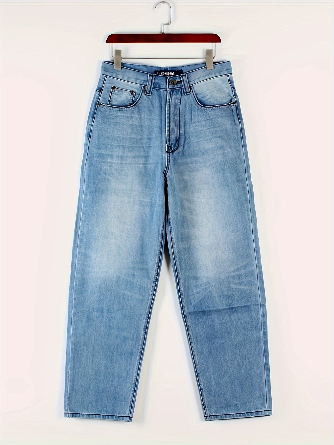 Men's Loose Solid Denim Trousers With Pockets, Causal Cotton Blend Jeans For Outdoor Activities
