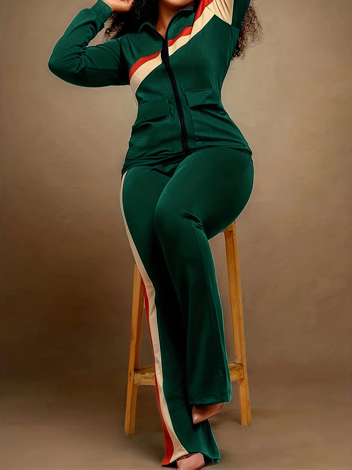 Spring/Fall Chic Stripe Set: Easy-Care Zip Jacket & Relaxed Wide-Leg Pants, Casual Retro Style