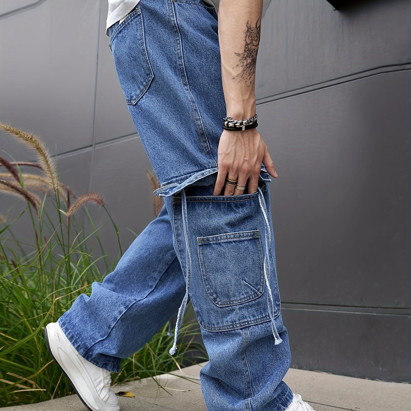 Mens Casual Loose Cargo Jeans - Solid Cotton Blend with Adjustable Drawstring & Multiple Pockets - All Seasons, Rugged for Outdoor, Leisure, and Work Wear