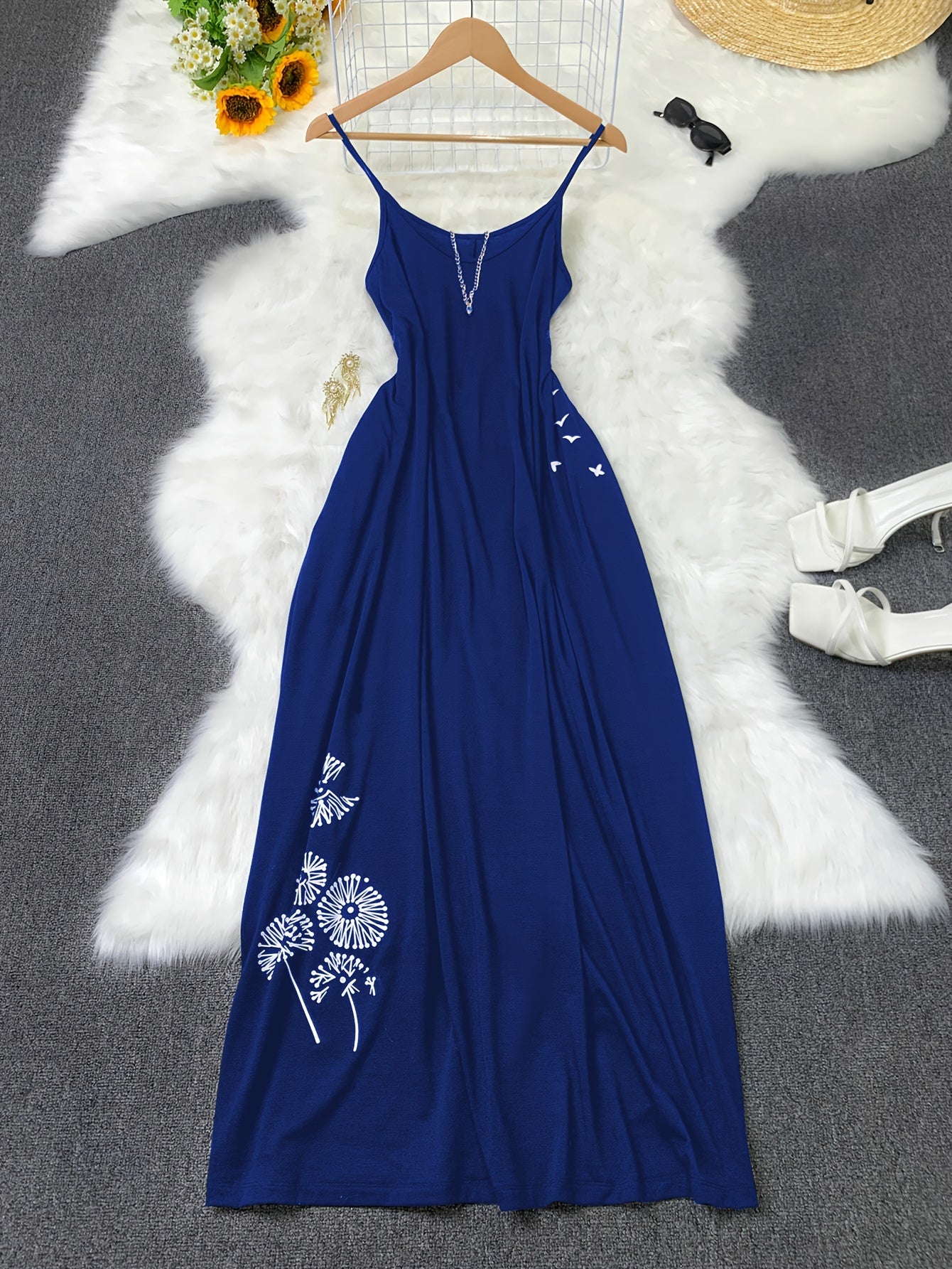 Vibrant Dandelion Print Maxi Dress - Soft Polyester, Spaghetti Strap, Casual, Micro Elasticity, Positioning Printing, Summer Essential for Women