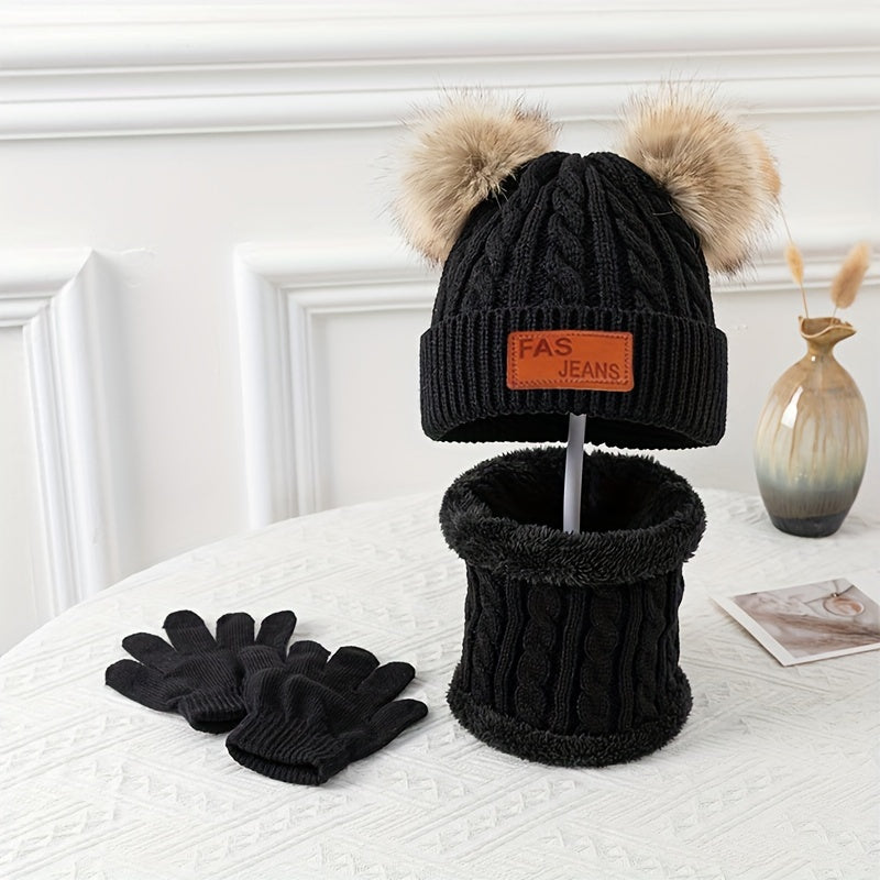 2pcs+1pair Winter Warm Double Fur Ball Knitted Hat, Neck Scarf And Gloves For Winter