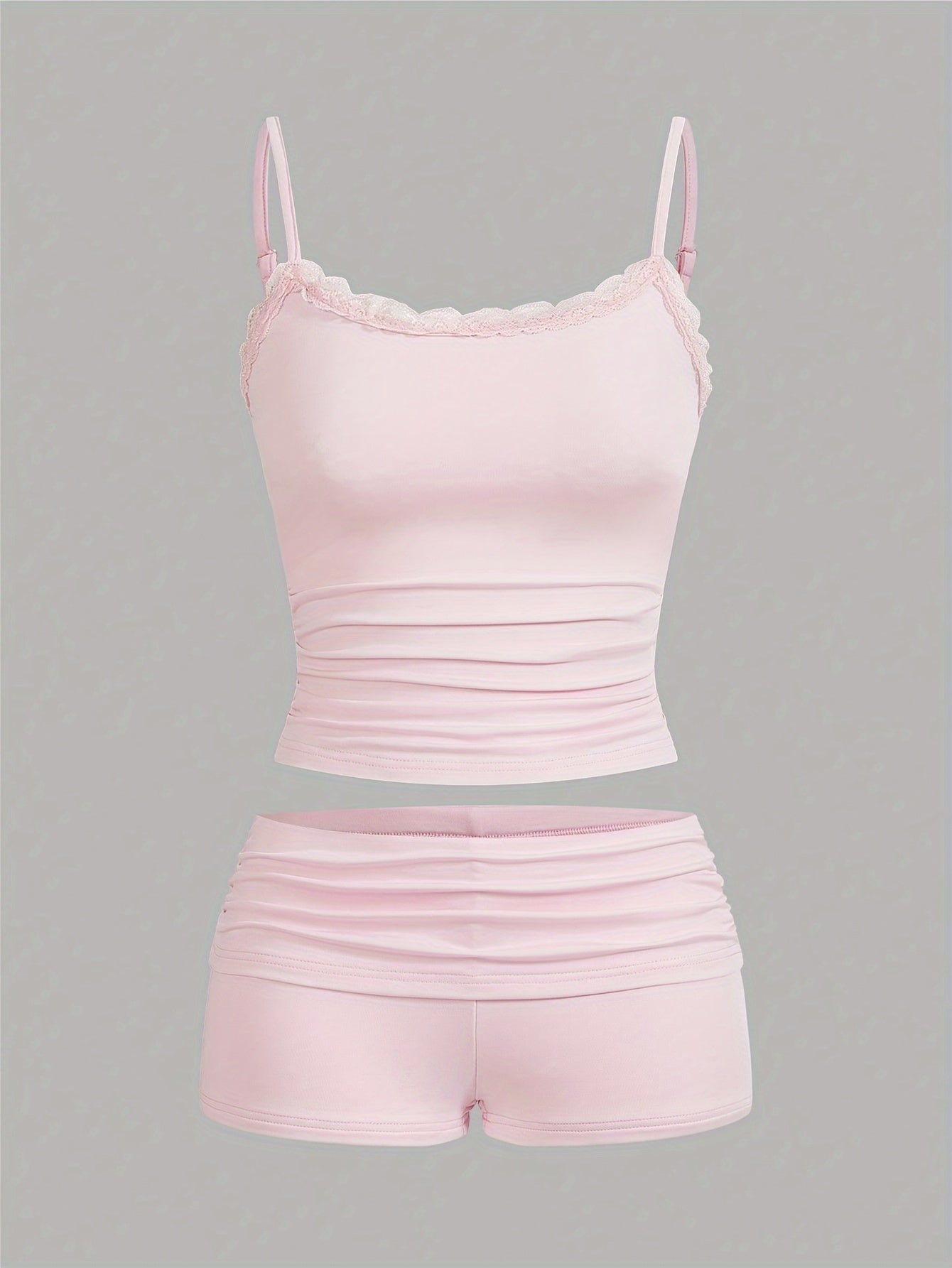Solid Color Casual Shorts Set, Lace Trim Spaghetti Strap Cami Top & Skinny Shorts Outfits, Women's Clothing
