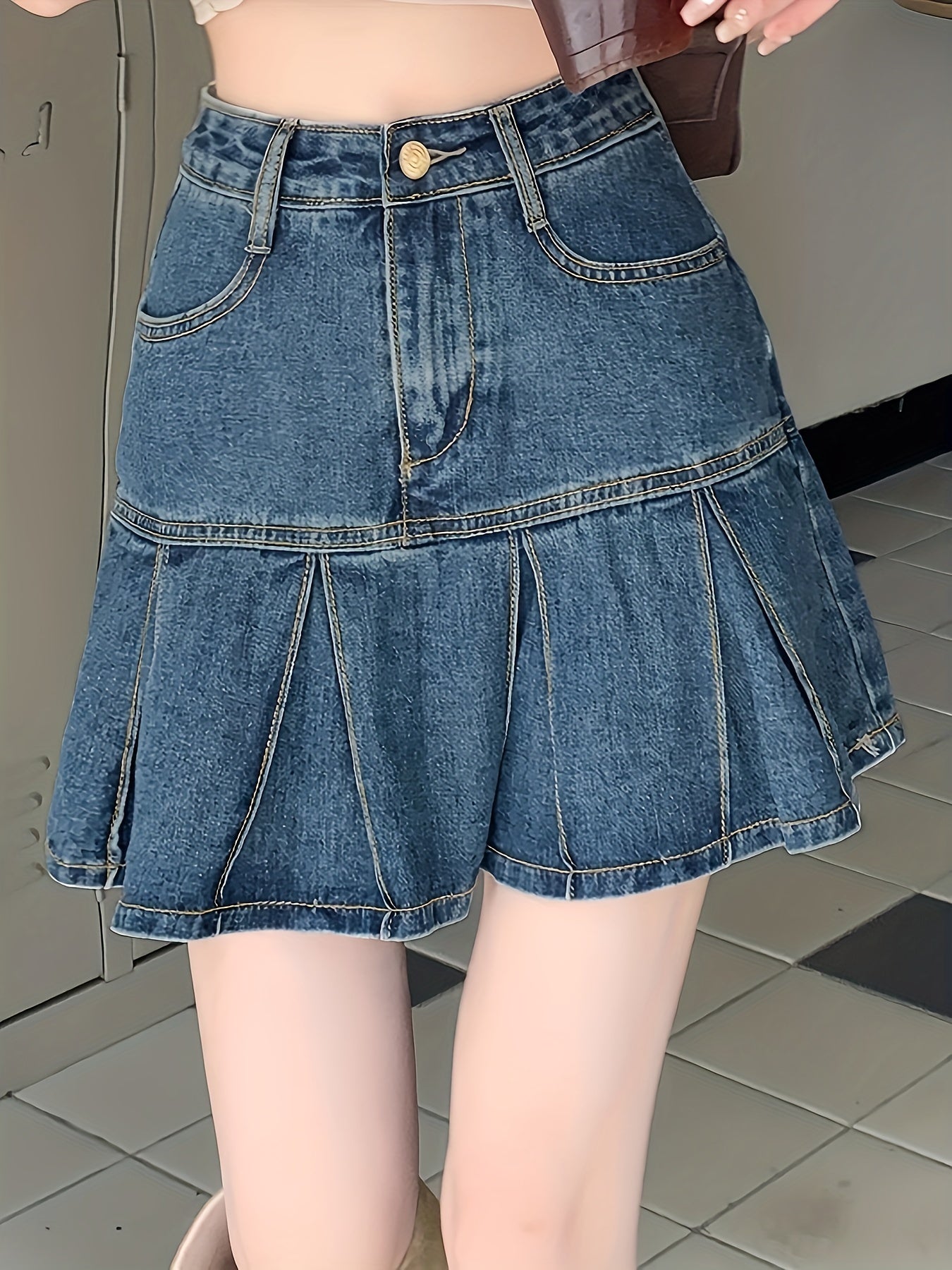 High-Waisted Pleated A-Line Mini Skirt for Women - Slim Fit, Non-Stretch Cotton, Button Closure, Machine Washable - Retro Chic Style for Spring, Summer, and Fall Seasons