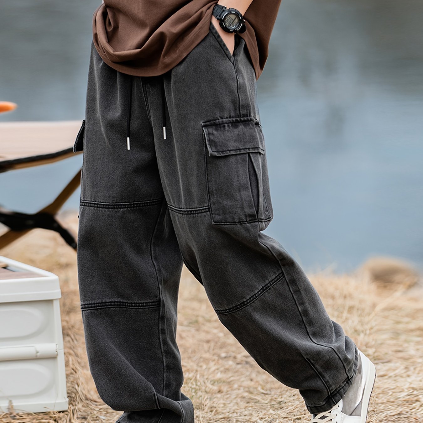 Multi-Pocket Loose Fit Denim Cargo Pants - Soft Cotton Blend, Drawstring Waist, Relaxed Style for Spring and Fall Outdoor Activities, Casual Everyday Wear