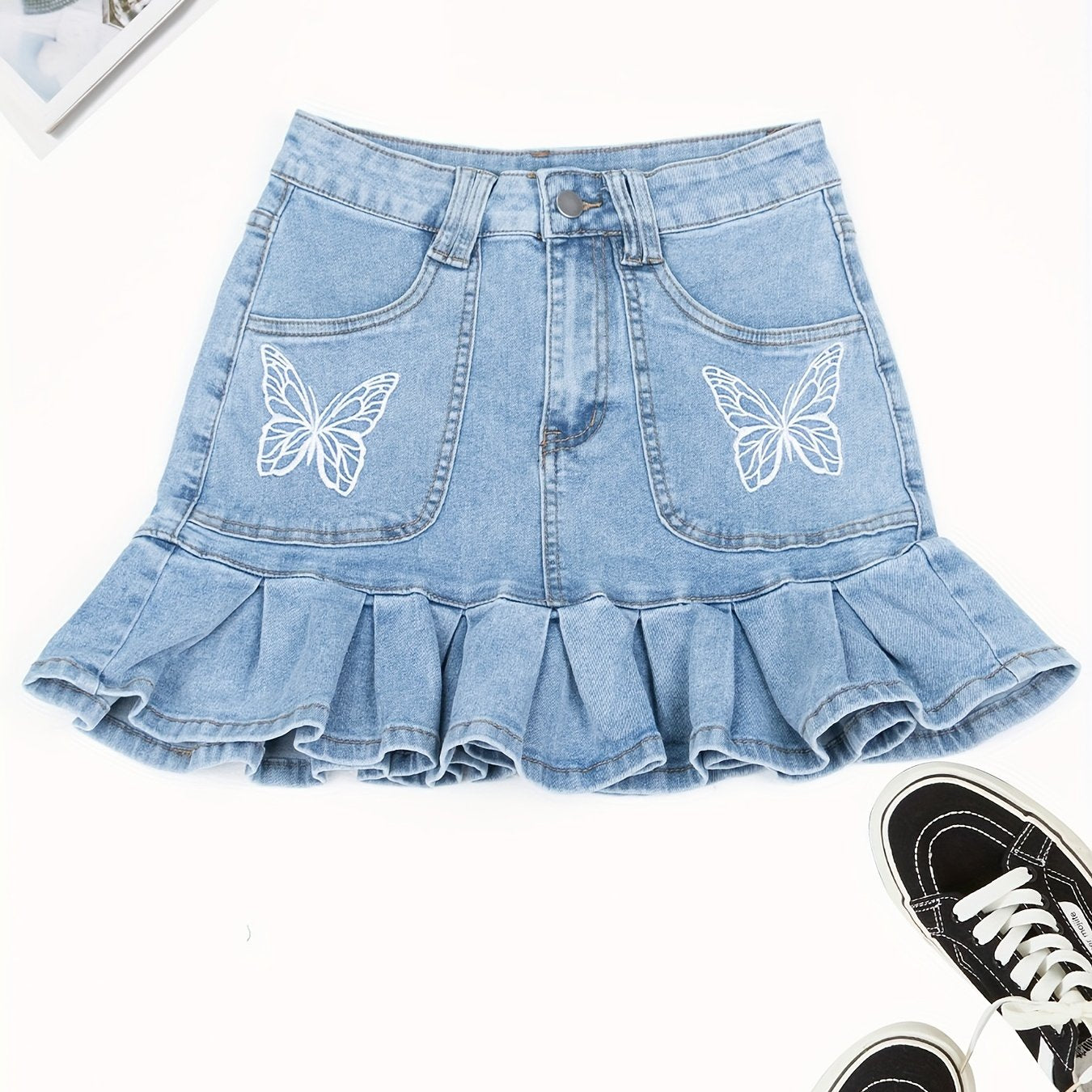 Feminine Embroidered Butterfly Denim Skirt - Stylish High-Waist Mini Skirt with Fluttery Ruffles & Comfortable Fit - Perfect for Summer Fashionistas