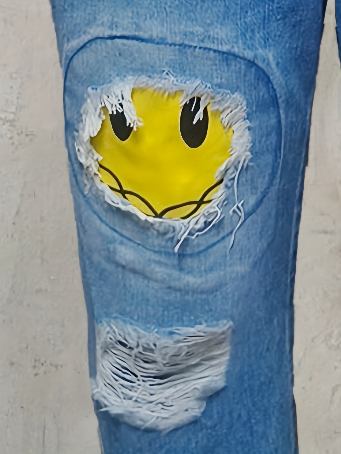 Smiling Face Patchwork Denim Jumpsuit, Ripped Holes Slant Pockets Casual Denim Overall, Women's Denim Clothing