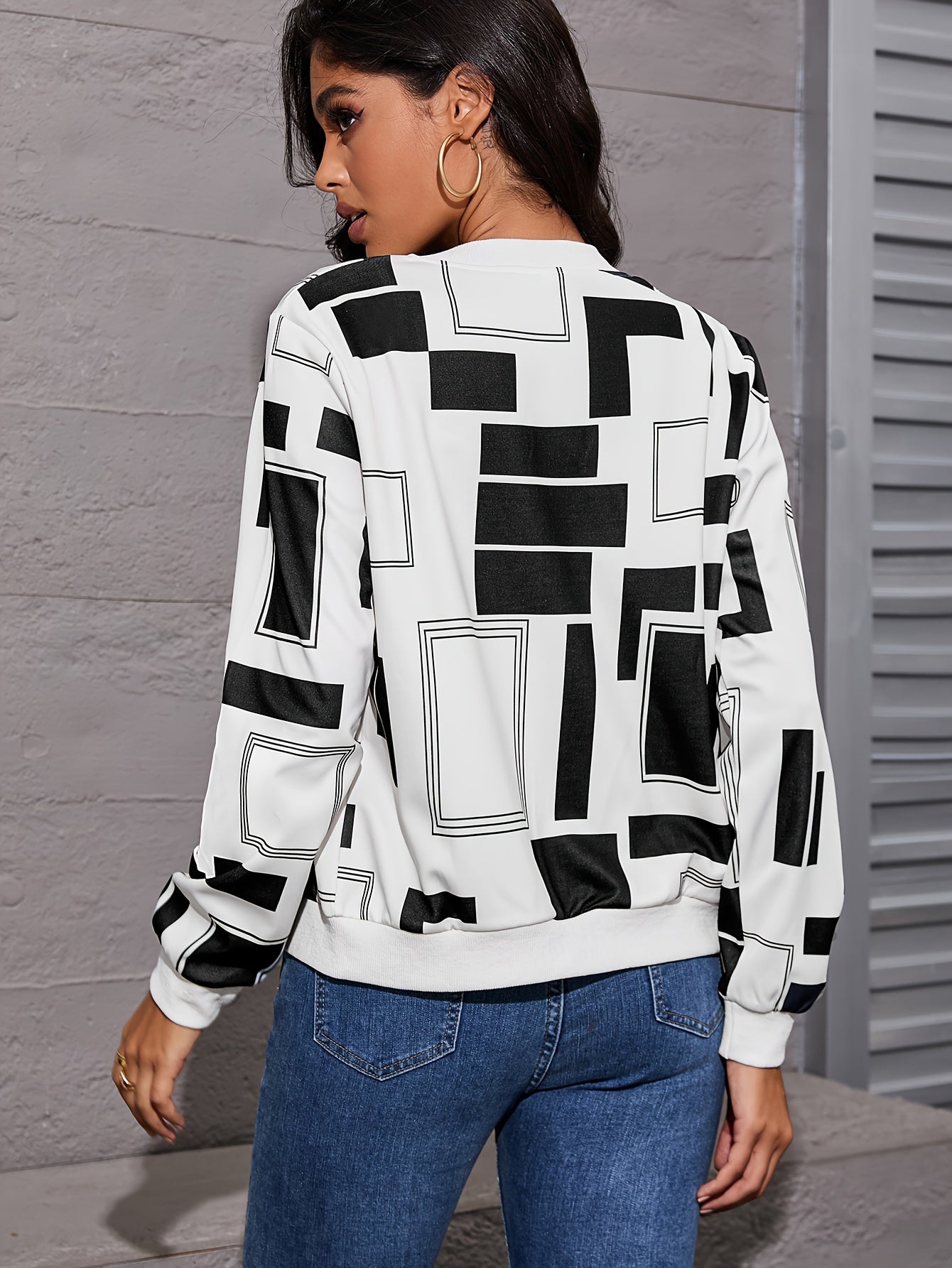 Vibrant Geometric Print Zip-Up Bomber Jacket - Stylish Long Sleeve Casual Wear for Spring & Fall Seasons - Women's Fashion Clothing for Everyday Comfort