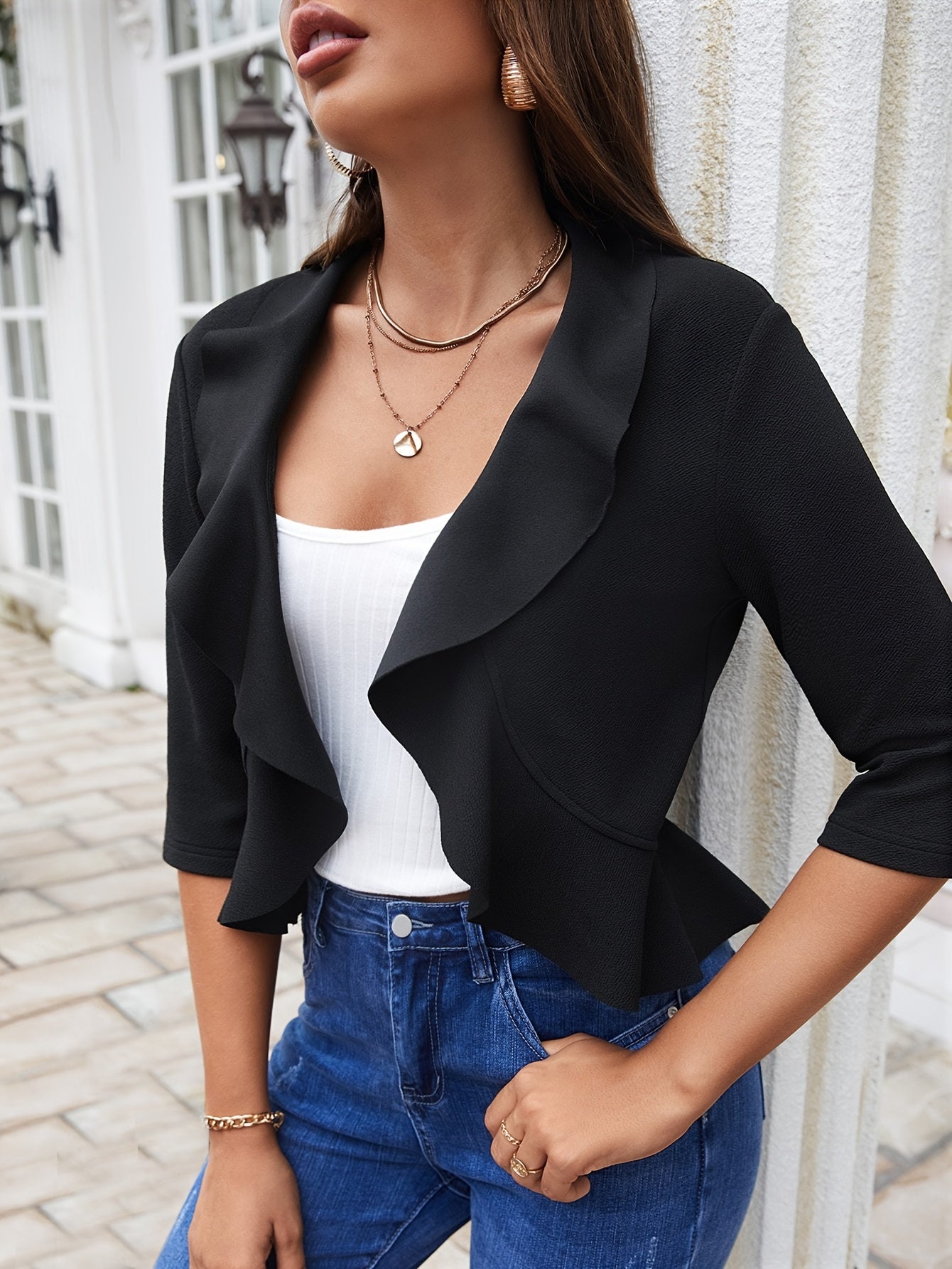 Soft Touch Solid Color Ruffle Hem Jacket - Open Front & Elegant, Perfect for Spring to Fall - A Stylish Womens Casual Outwear Wardrobe Staple