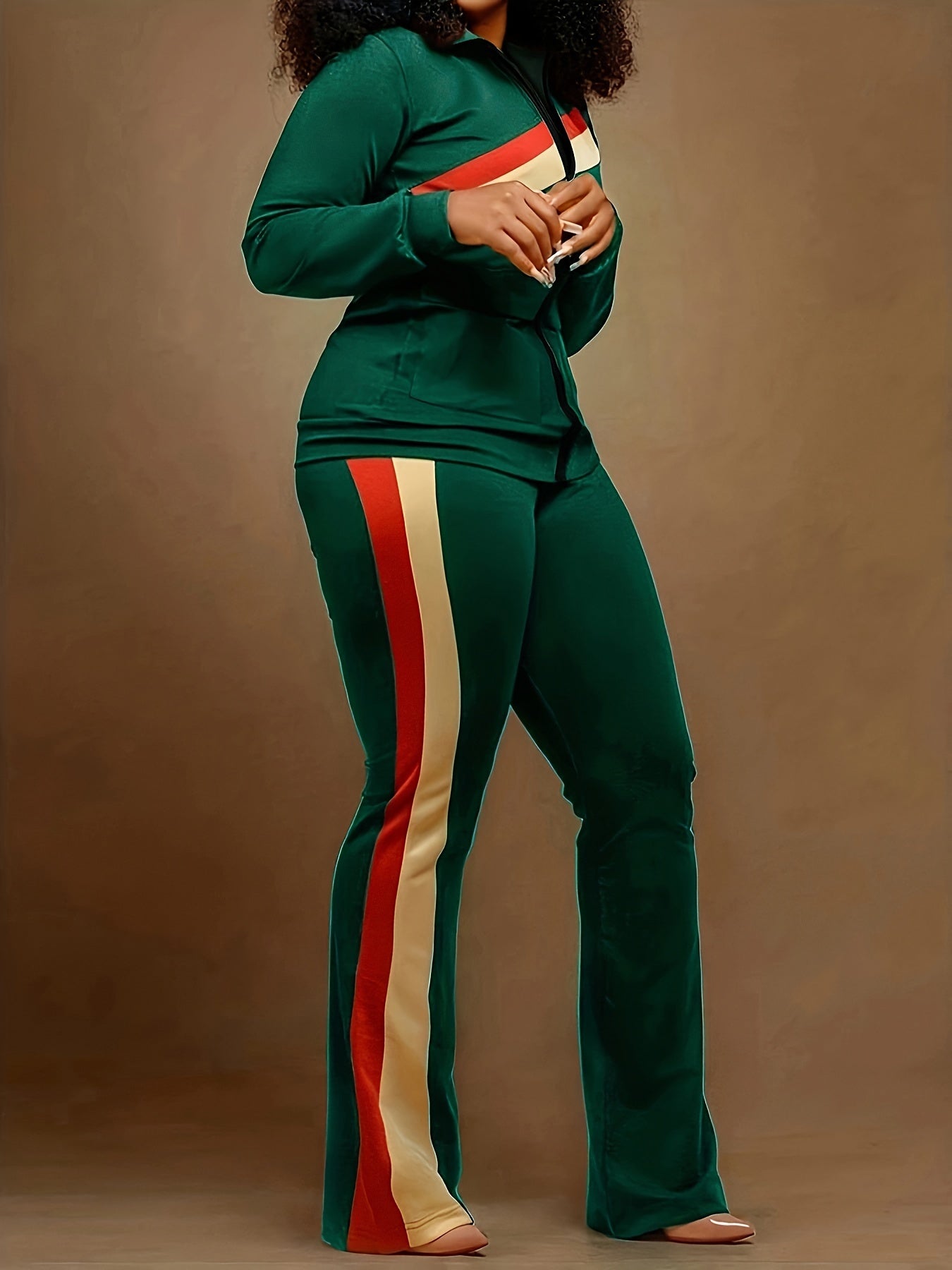 Spring/Fall Chic Stripe Set: Easy-Care Zip Jacket & Relaxed Wide-Leg Pants, Casual Retro Style