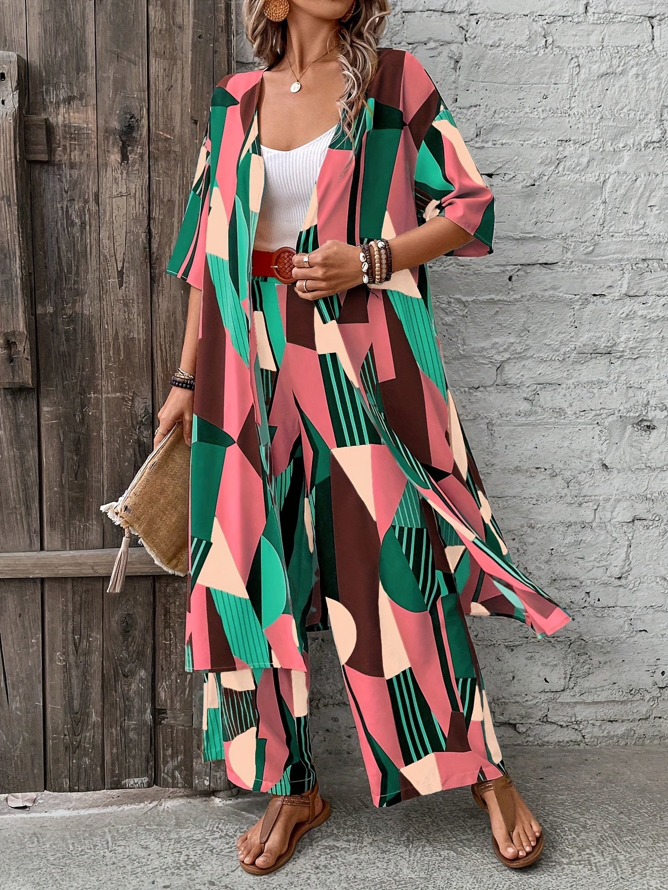Chic Geometric Print Womens Pantsuit Set - Open Front Long Shirt & Wide Leg Pants - Stylish Casual Outfits for Fashion-Forward Ladies