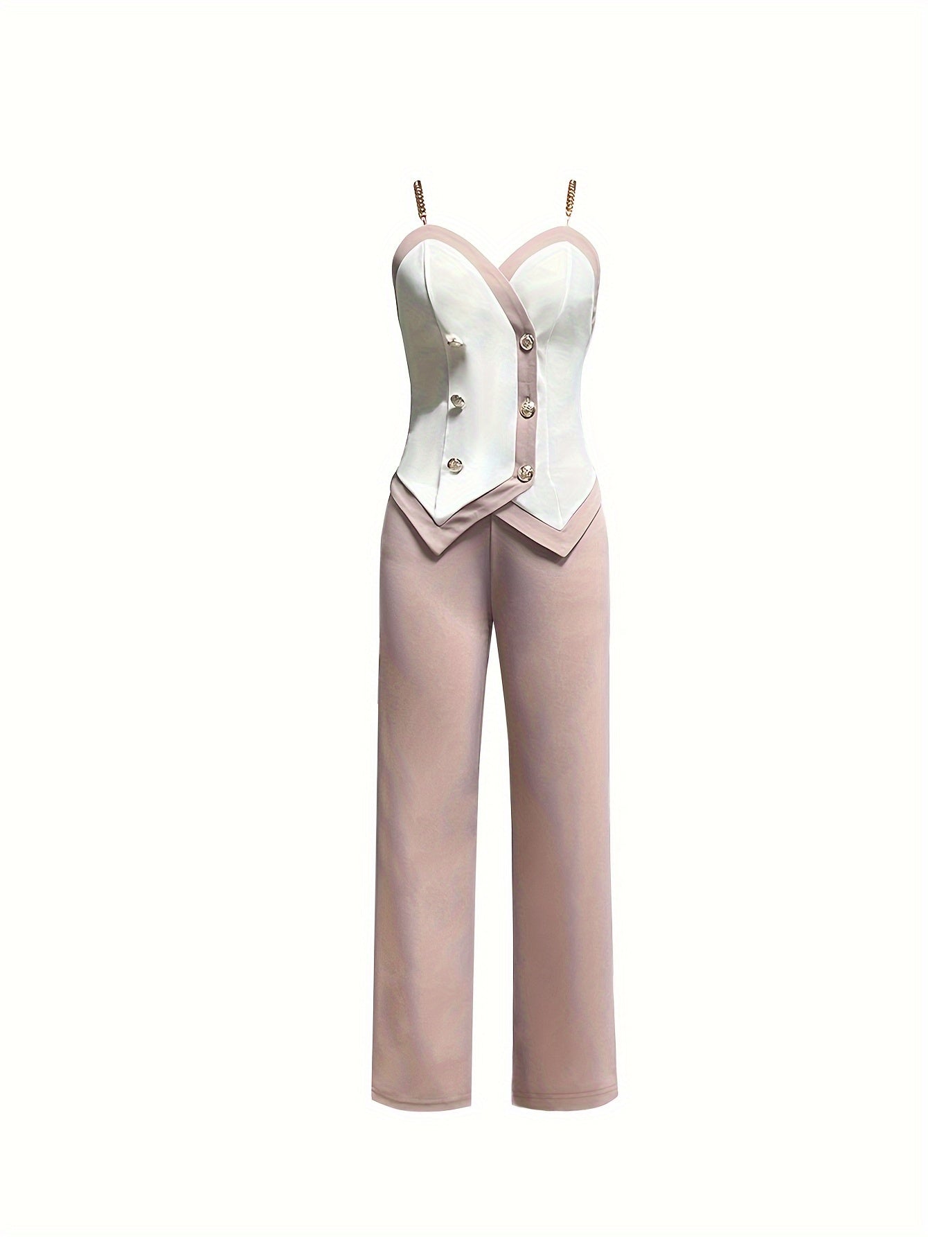 Stylish Color Block Pants Set - Women's Clothing - Double-Breasted Chain Strap Top & Straight Leg Pants Outfits with Elegant Design, Comfortable Wear, and Versatile Style for Daily Life