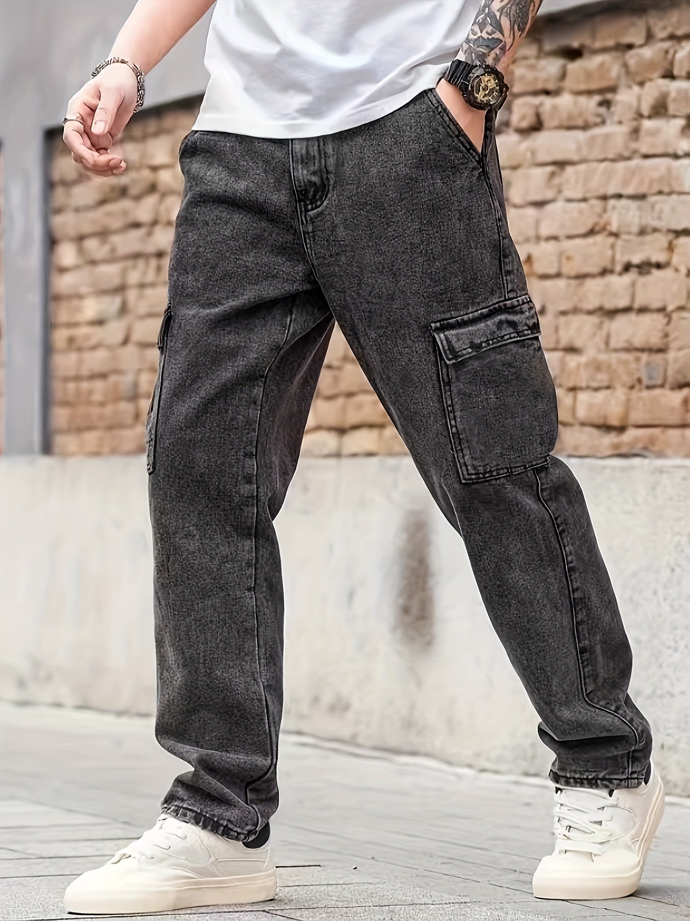 Men's Casual Loose-Fit Jeans - Cotton Blend, Non-Stretch Denim with Pockets, Machine Washable - Perfect for All Seasons