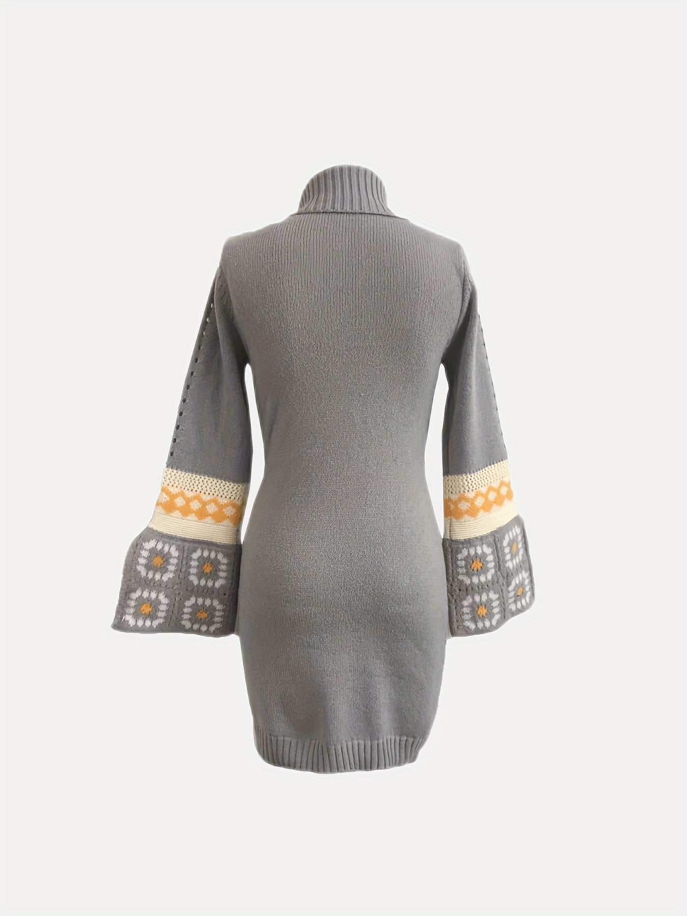 Bohemian Chic Patchwork Turtleneck Knitted Dress - Cozy Flared Cuff Long Sleeve Style - Trendy Womens Winter Wear