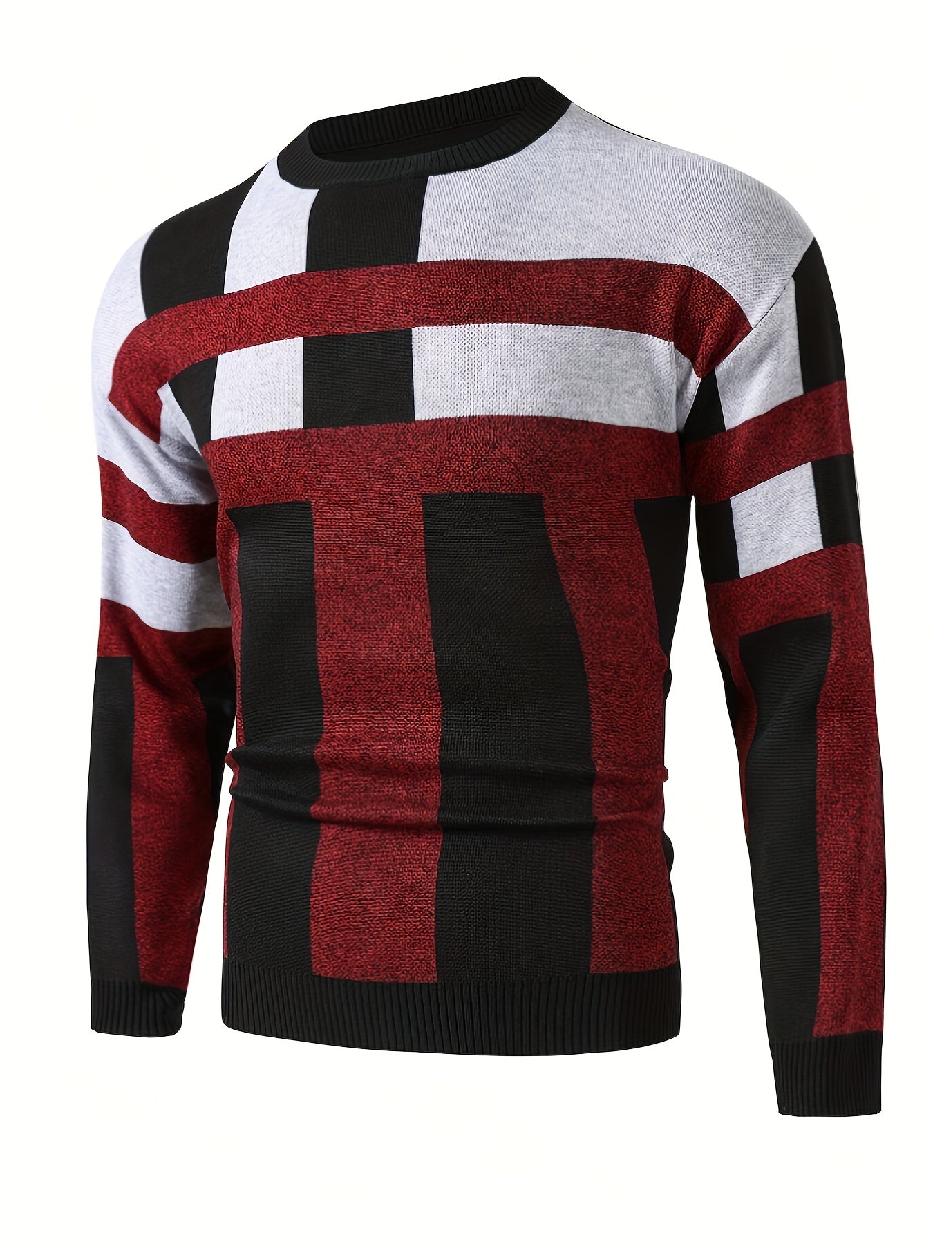 Mens Stylish Color Block Round Neck Stretch Sweater - Soft, Warm, and Trendy Pullover for Winter Outdoor Activities - Perfect for Casual Wear