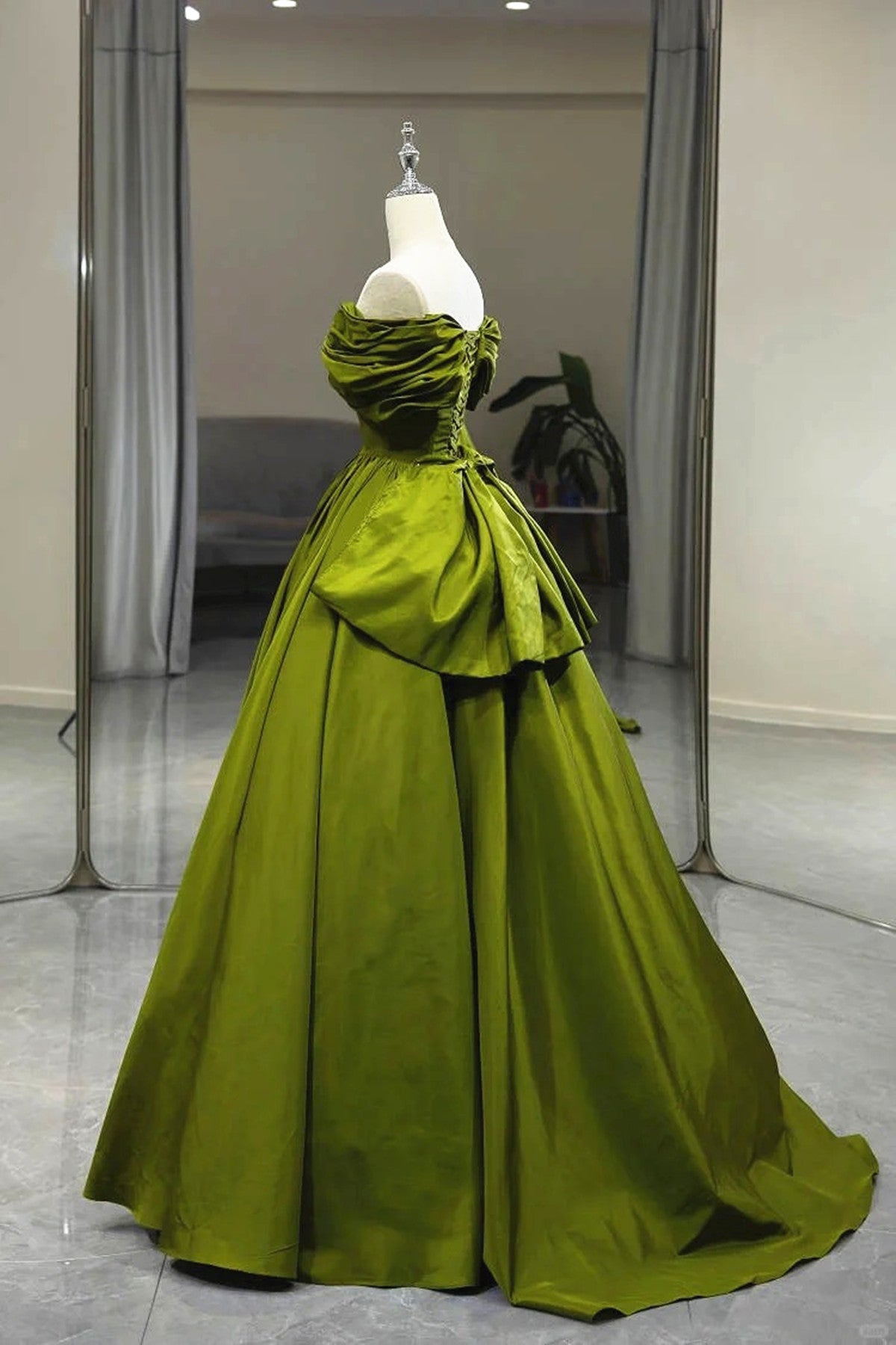 LOVECCRGreen A-line Off Shoulder Satin Long Party Dress, Green Satin Formal Dress Prom Dress