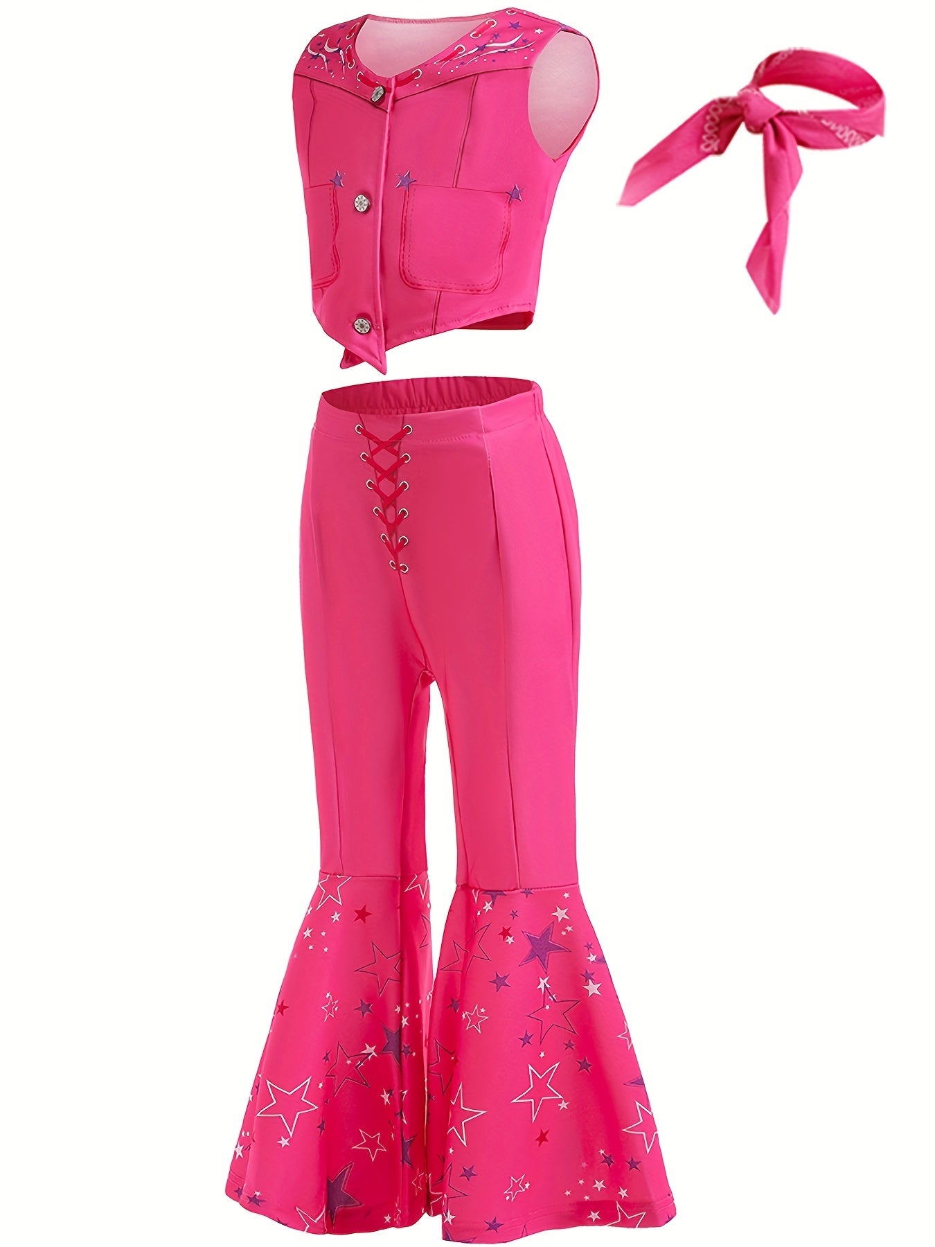 Kid's Movie Doll Cosplay Costume, Vest & Flared Pants & Accesssories, Girl's Cowgirl Dress Up Suit For Halloween Party