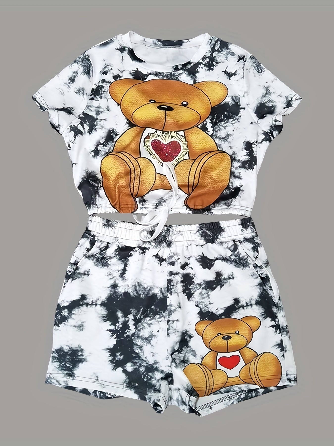 Adorable Womens Cartoon Bear Print Two-Piece Set - Comfortable Short Sleeve Tee with Adjustable Drawstring & Elastic Waist Shorts Outfit for Casual Summer Style