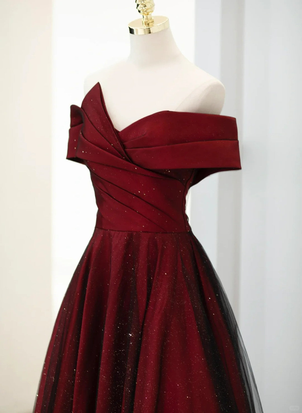 LOVECCRA-line Off Shoulder Wine Red Tulle Long Party Dress, Wine Red and Black Prom Dress