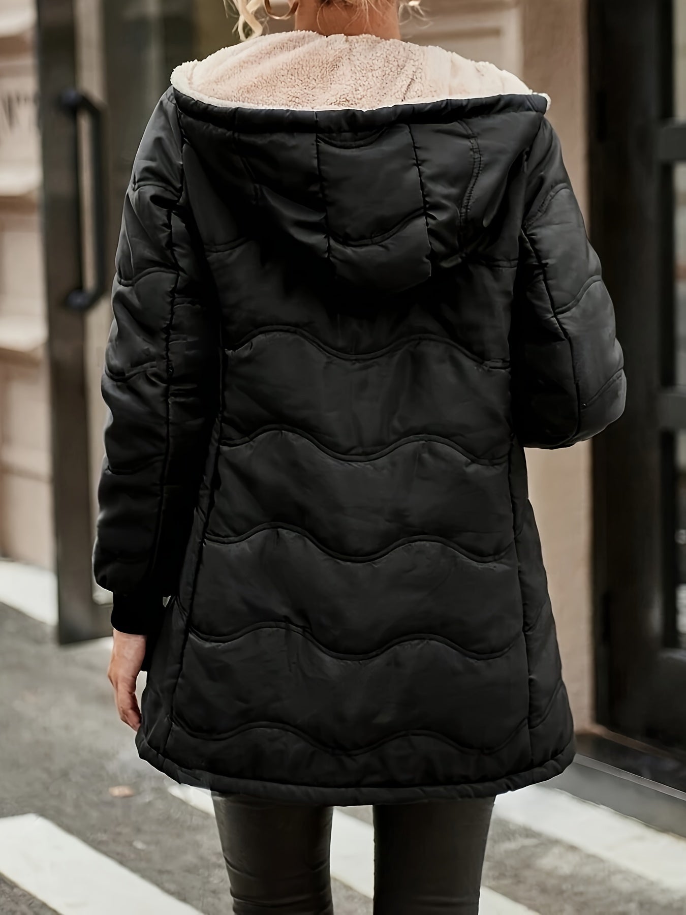Winter Warmth Quilted Down Jacket - Cotton-Padded Jacket Coat with Full Zip, Long Sleeve, Hooded, Dual Pockets, Solid Color, Casual Style for Women - Perfect for Cold Weather