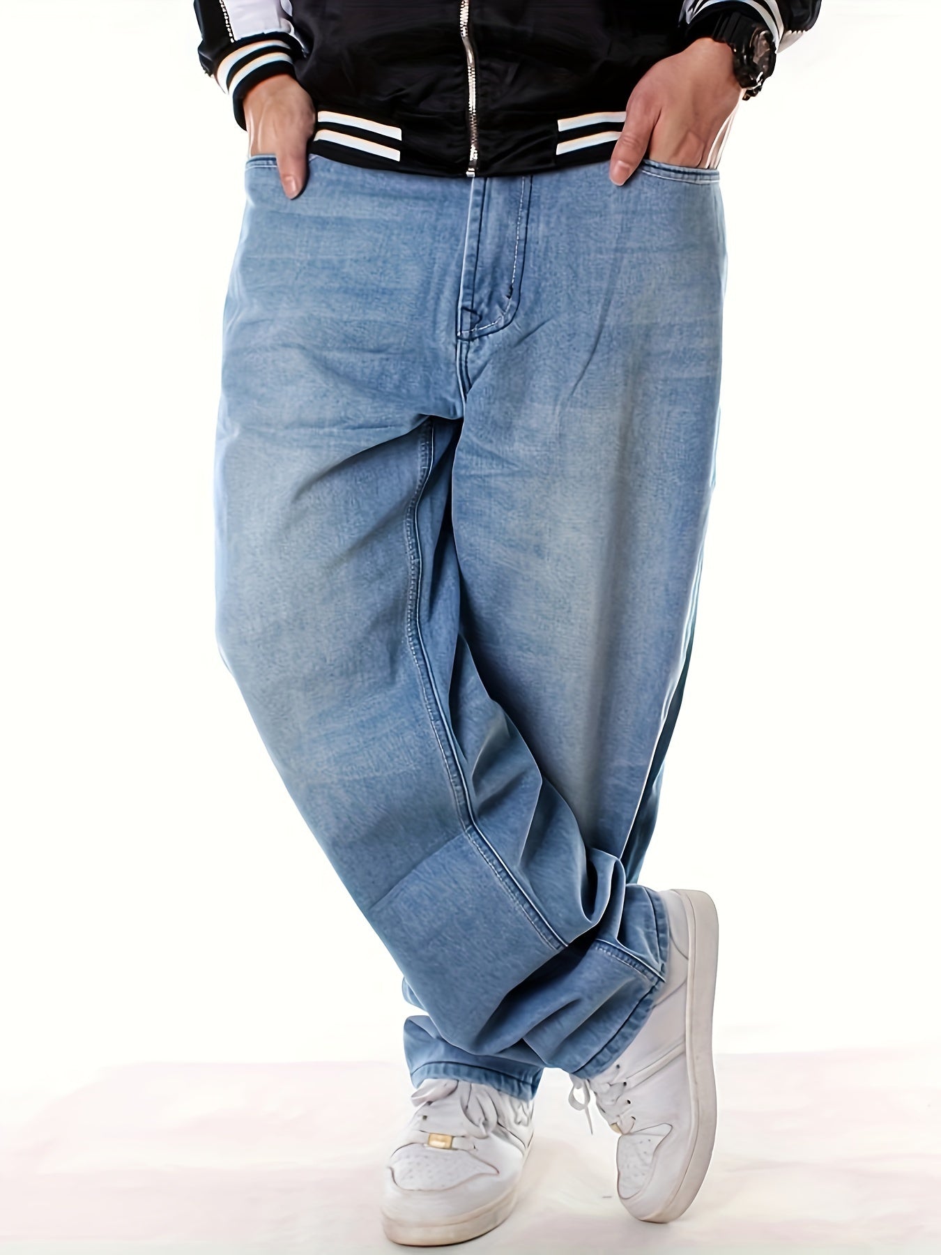 Men's Loose Solid Denim Trousers With Pockets, Causal Cotton Blend Jeans For Outdoor Activities