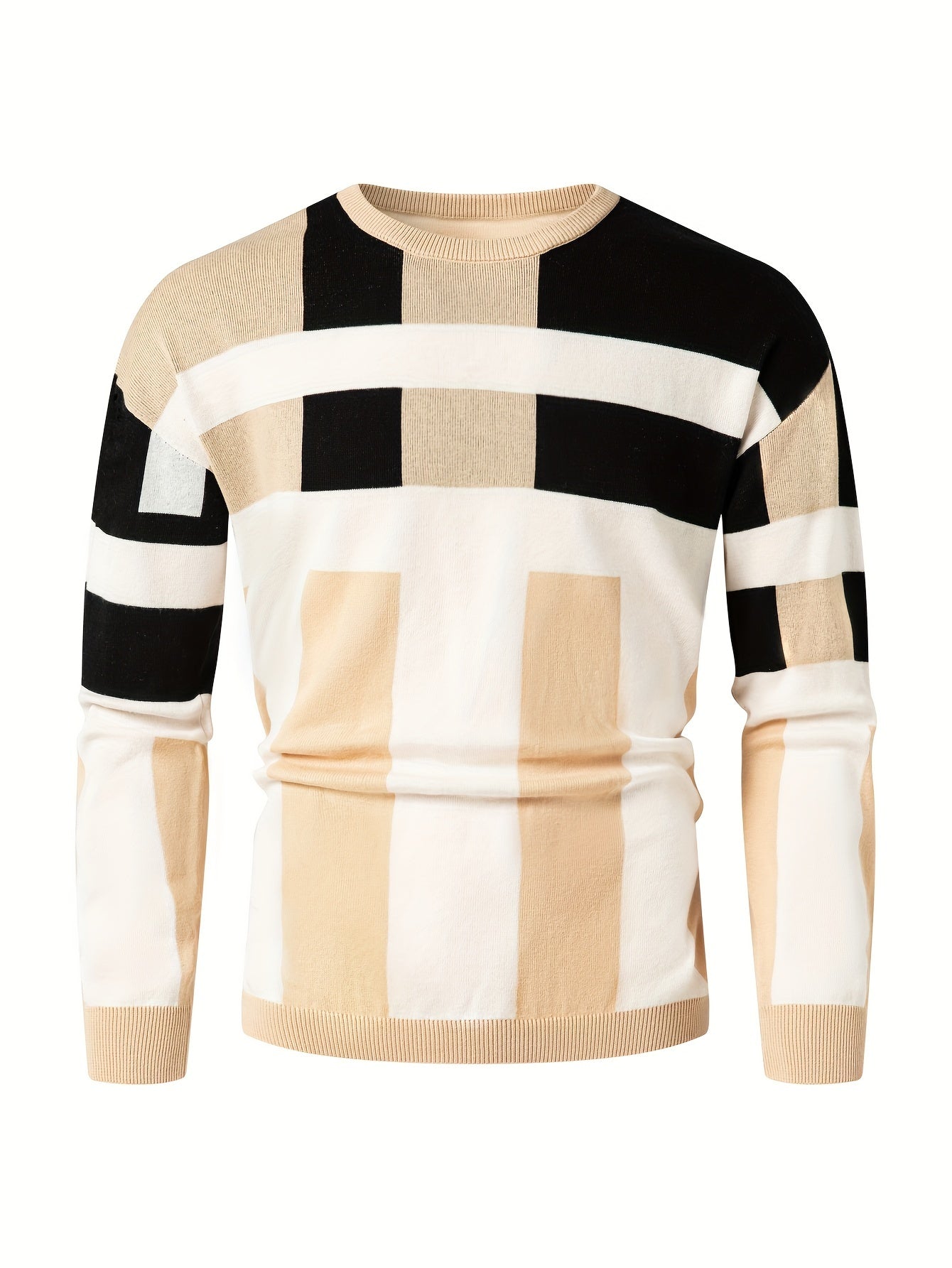 Mens Stylish Color Block Round Neck Stretch Sweater - Soft, Warm, and Trendy Pullover for Winter Outdoor Activities - Perfect for Casual Wear