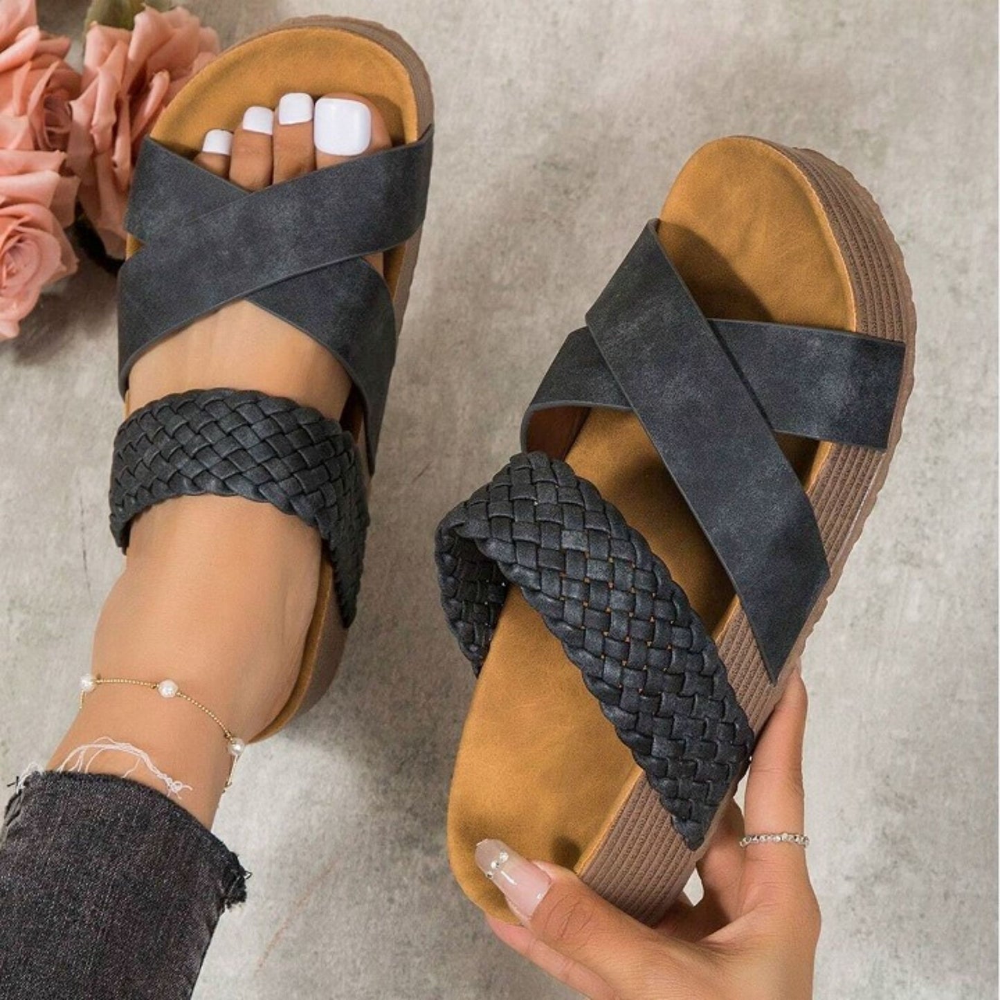 Mid Heel Womens Fashion Flax Sandals - Breathable, Arch Support, Lightweight, Slip-on, Strappy Back, Open Toe, Rubber Sole, Perfect for Casual Summer Wear