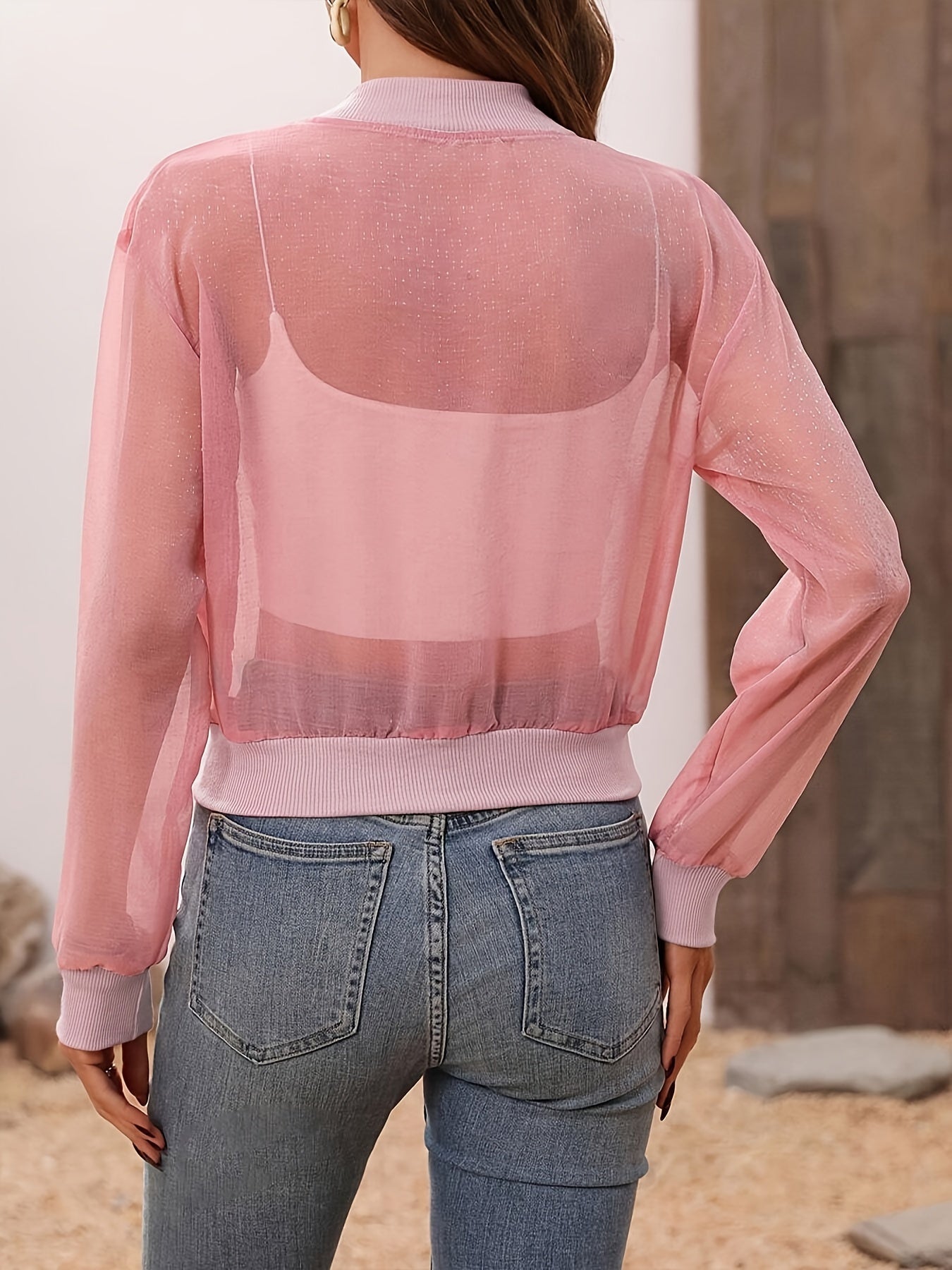 Breathable Mesh Drop Shoulder Jacket - Zipper Front Closure, Relaxed Fit, Long Sleeve, Casual Style - Ideal for Womens Fall and Winter Fashion