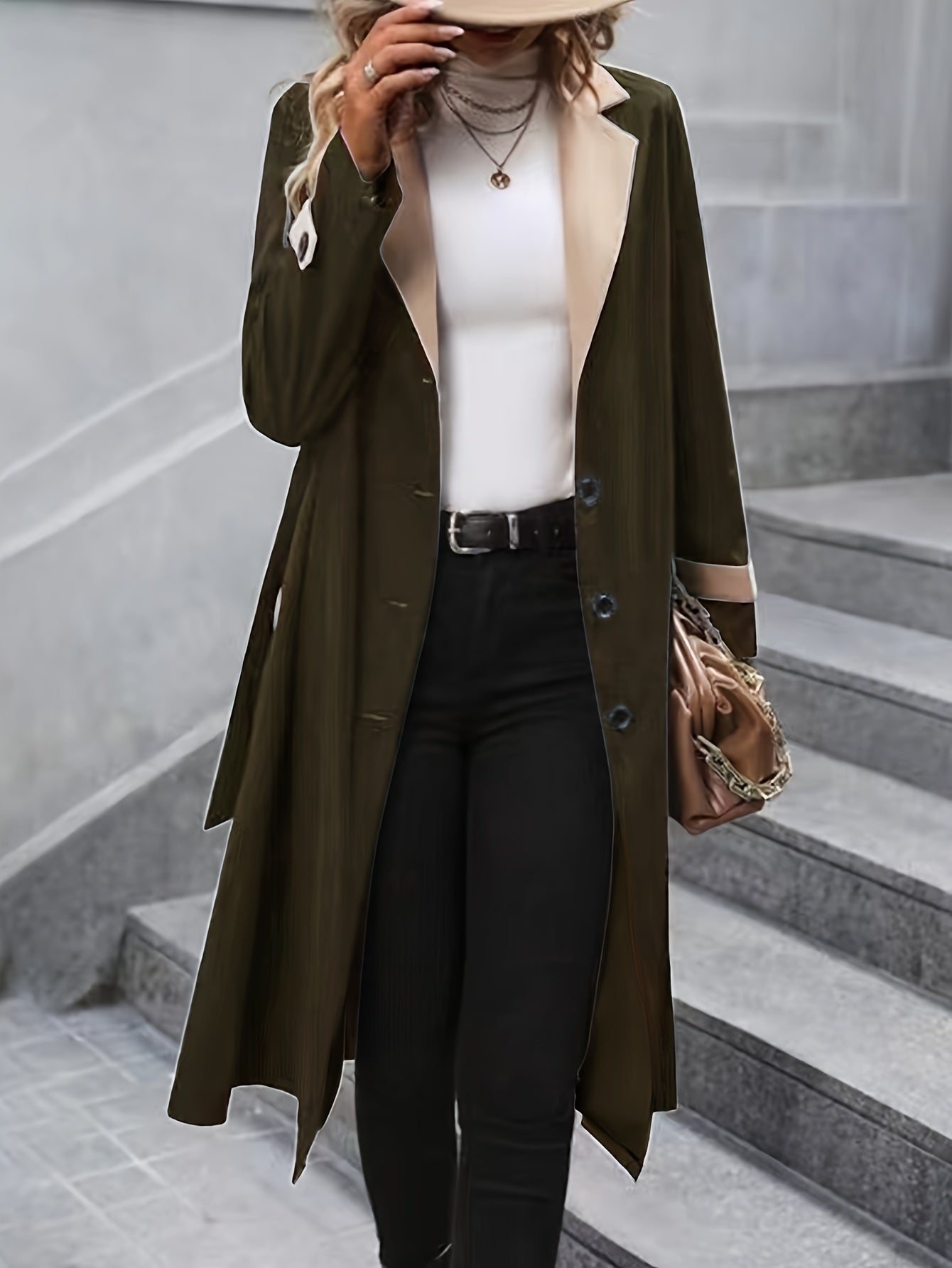 Elegant Women's Single Breasted Mid-Length Trench Coat - Classic Belted Lapel Neck Long Sleeve Open Front Outerwear for Chic Style - Water-Resistant, Windproof, and Versatile Clothing for Daily Life
