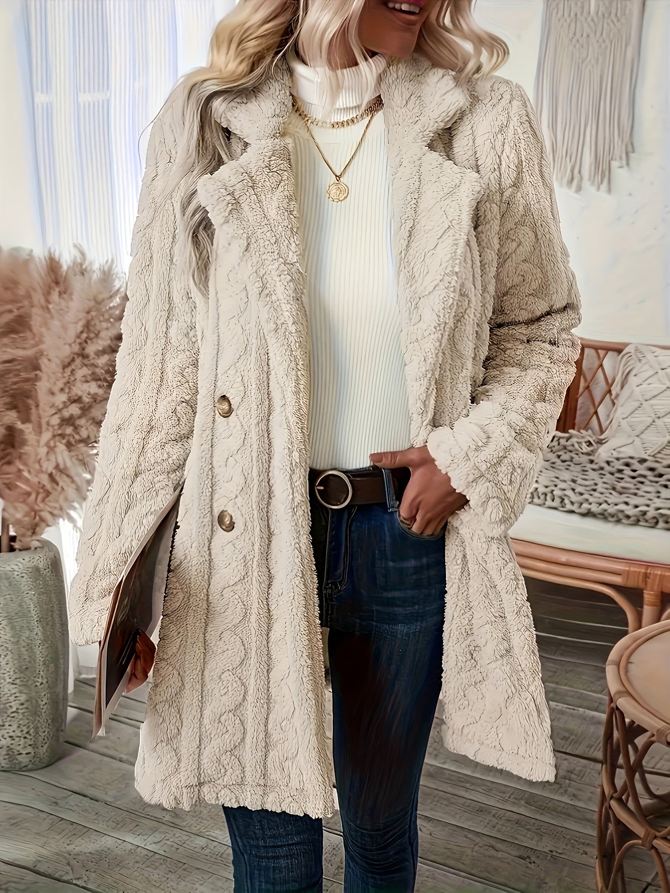 Luxurious Faux Fur Double Breasted Overcoat - Elegant Long Sleeve Warm Outerwear for Winter & Fall - Soft, Plush, and Fuzzy Women's Clothing for Cold Weather