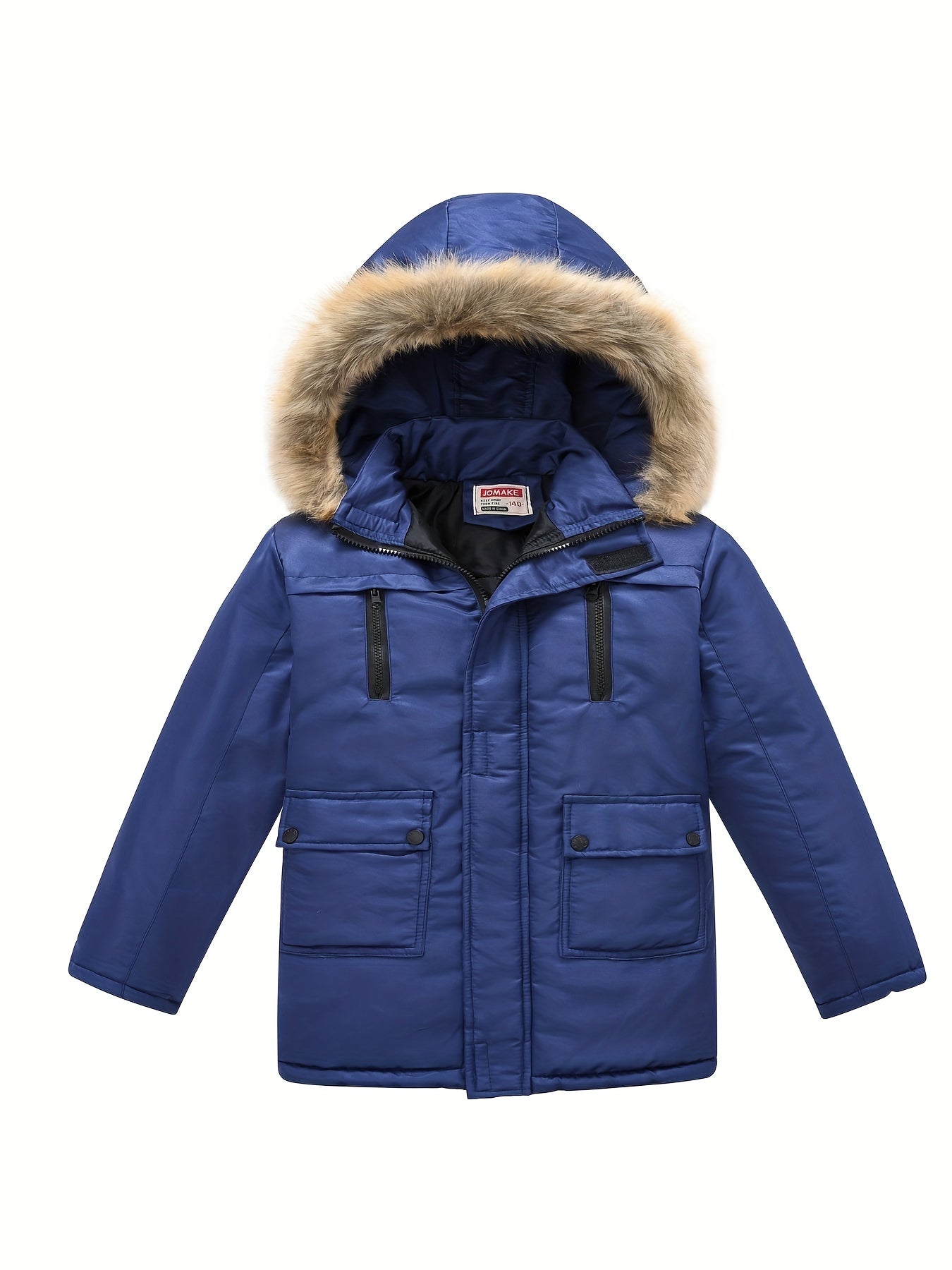Teenagers Lapel Collar Winter Coat - Detachable Hood, Zipper Closure, Polyester Fabric, Regular Fit, Hand Washable - Solid Color, Casual Style, Woven Construction