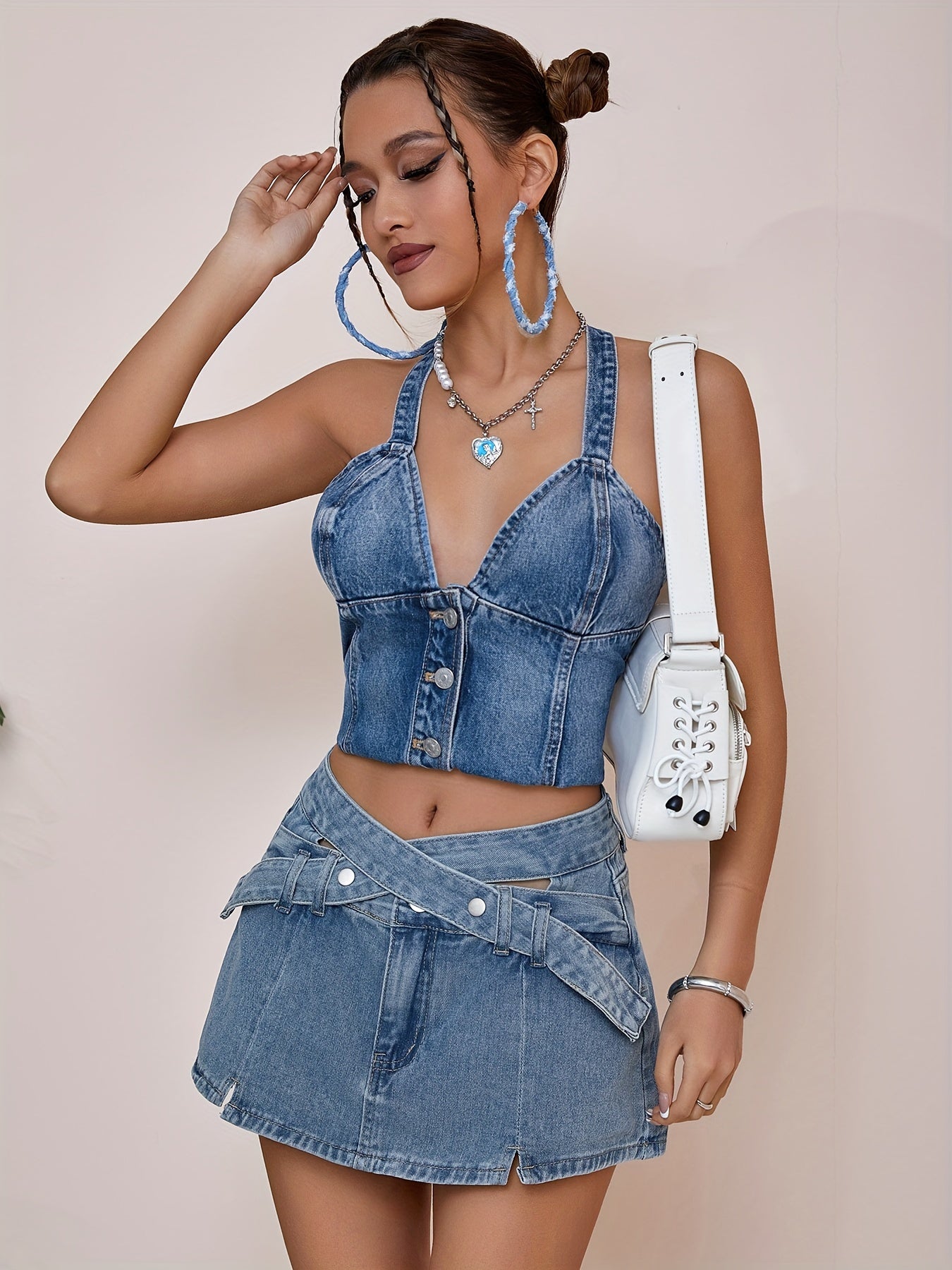 Mini Crisscross Belt Split Hem Denim Skirt - Stylish, Premium Denim, Vibrant Hot Washed Blue, Trendy Design, Comfortable, Chic - Womens Fashion Denim Jeans & Clothing