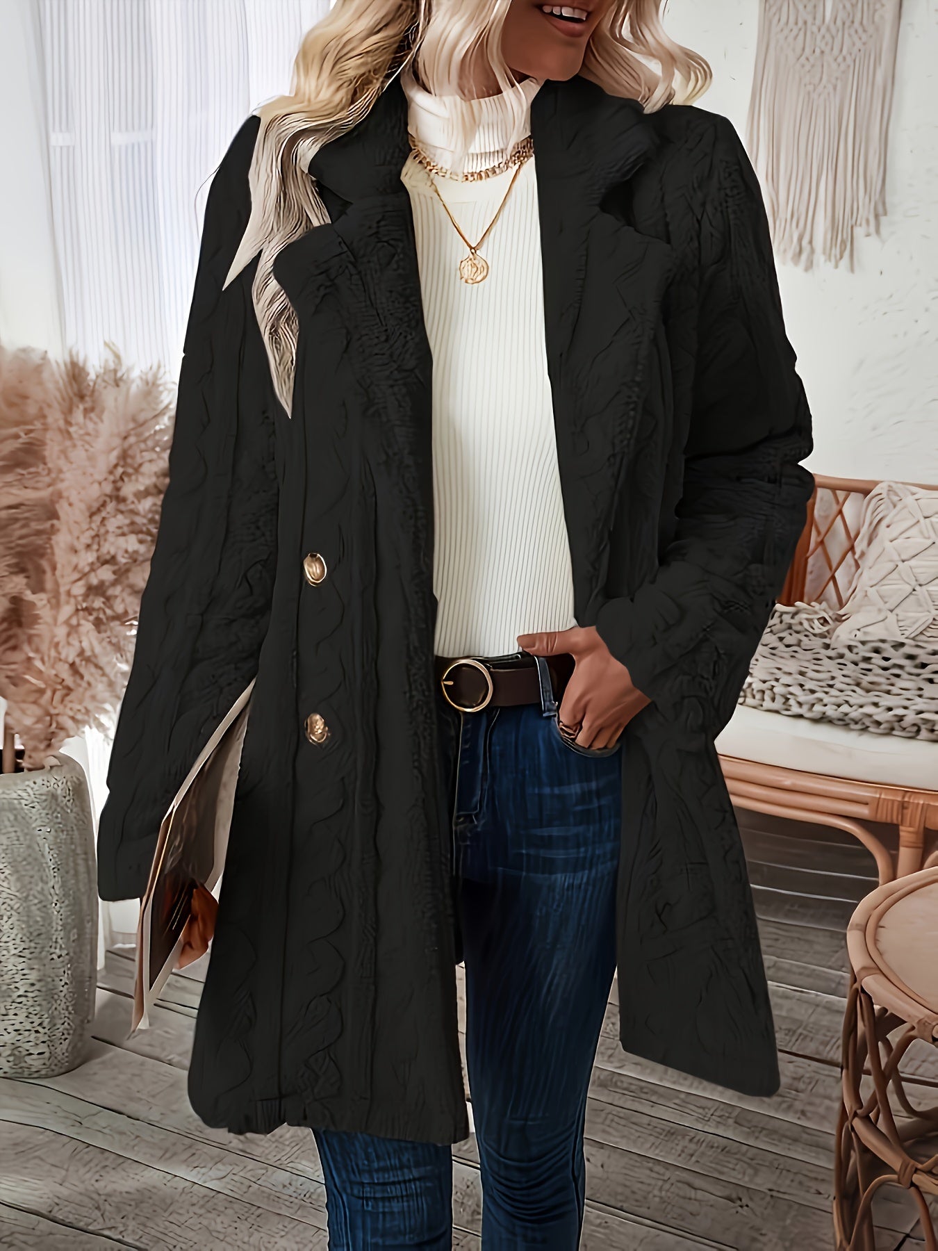 Luxurious Faux Fur Double Breasted Overcoat - Elegant Long Sleeve Warm Outerwear for Winter & Fall - Soft, Plush, and Fuzzy Women's Clothing for Cold Weather