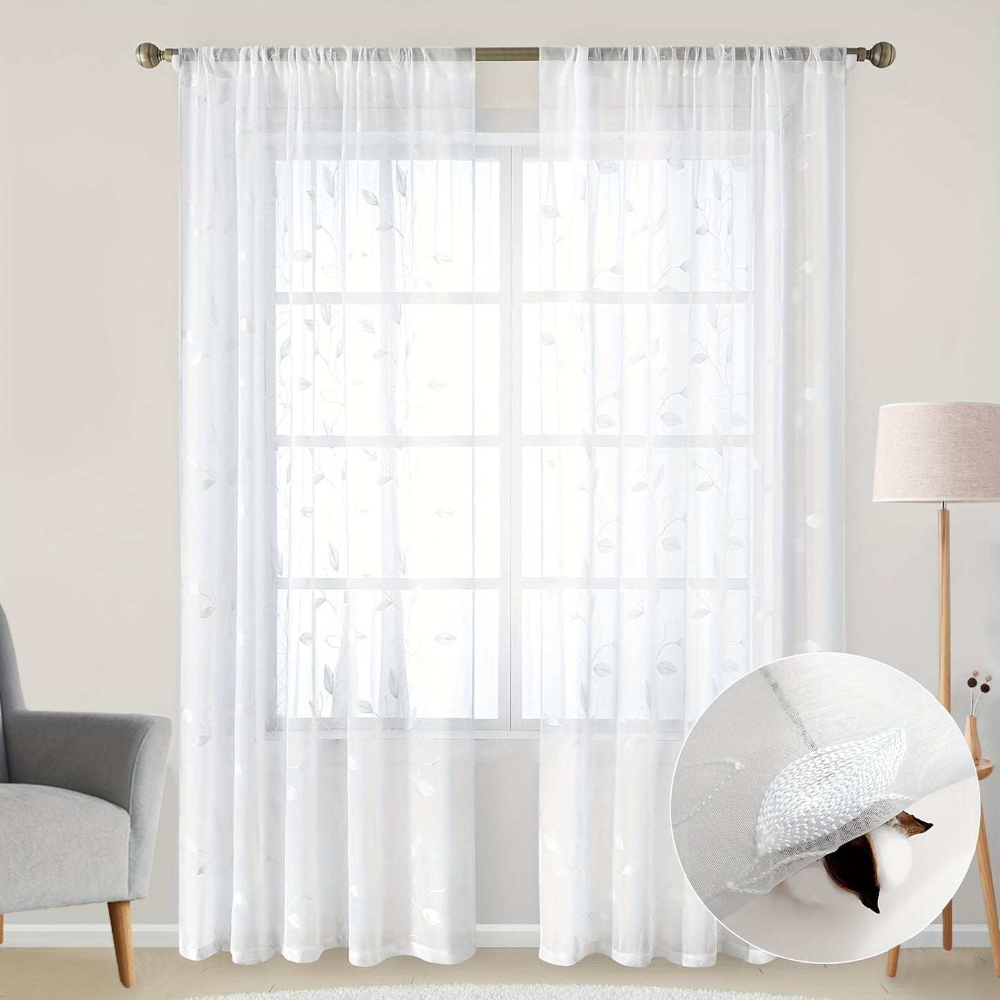 2pcs Sheer Curtains With Embroidery Leaf Pattern, Rod Pocket Faux Linen Floral Semi Curtains Voile Window Curtains Kitchen Curtains, Drapes for Bedroom Living Room
