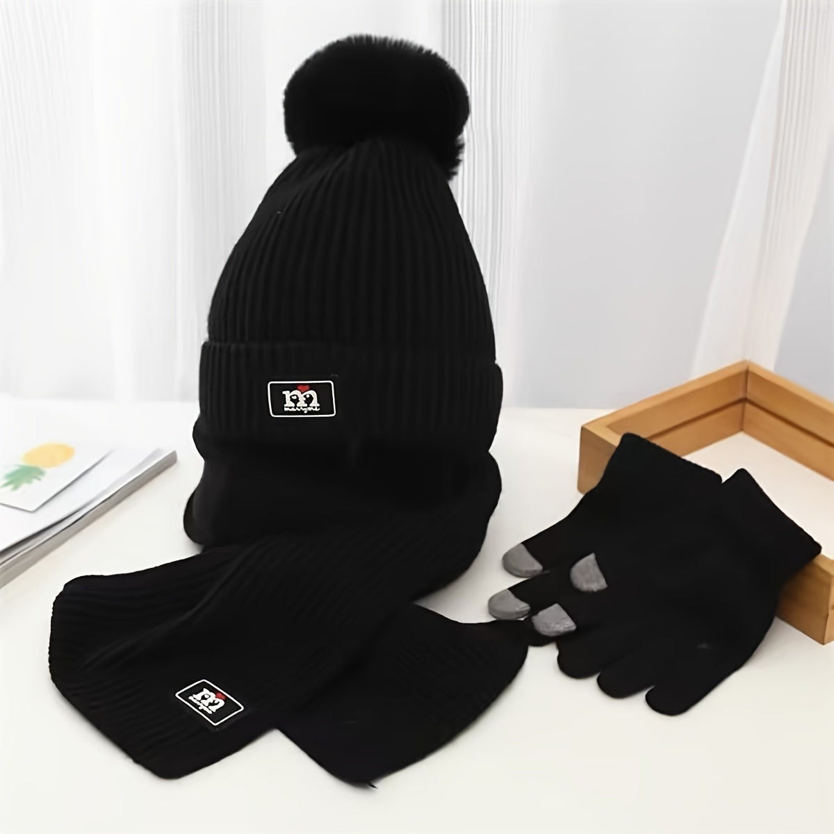 2pcs+1pair Children's Scarf & Hat & Gloves Set, Autumn And Winter Baby Warm Fleece Lined Gloves, Boys And Girls Knitted Hat