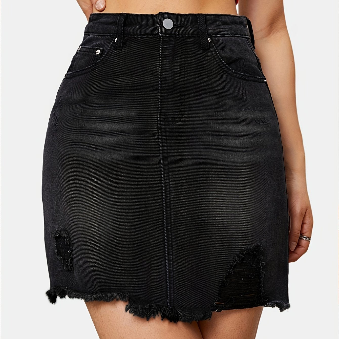 Medium Stretch High-Waist Ripped Denim Skirt - Casual Summer Fashion with Frayed Hem, Solid Black Color, Brief Length, and Hand Washable - Perfect for Slim Fit Women
