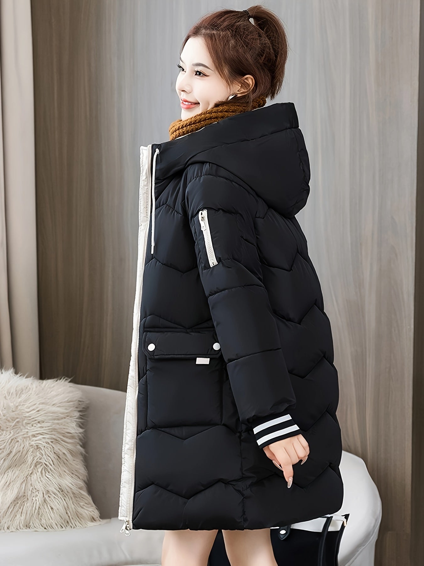 Midi Length Raglan Sleeve Hooded Jacket - Contrast Trim Zipper Front, Flap Pockets, Long Sleeve, Solid Color, Machine Washable, Casual Polyester Outerwear - Womens Clothing