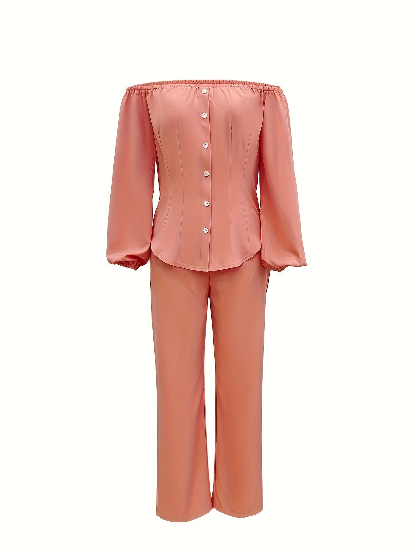 Chic Off-Shoulder Lantern Sleeve Top & Straight Leg Pants Set - Casual Elegance for Modern Women