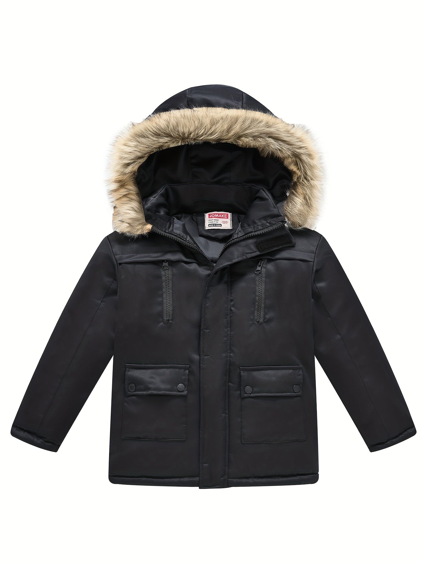 Teenagers Lapel Collar Winter Coat - Detachable Hood, Zipper Closure, Polyester Fabric, Regular Fit, Hand Washable - Solid Color, Casual Style, Woven Construction