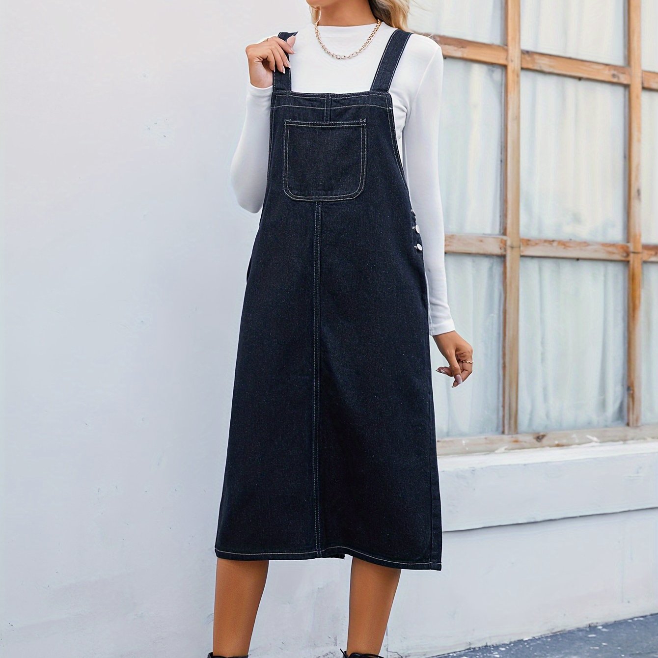 Plain Dark Washed Blue Loose Fit Denim Overall Dress, Patch Pocket Versatile Casual Denim Dress, Women's Denim Jeans & Clothing