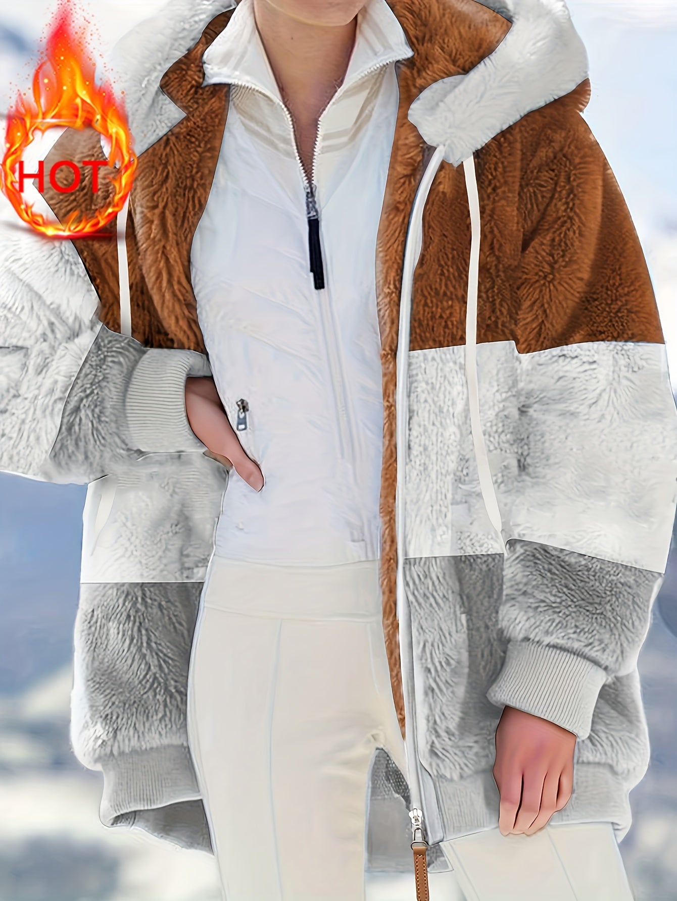 Winter-Ready Casual Color Block Hooded Coat – Easy-Care, Cozy Polyester Zip-Up with Drawstring, Women's Patchwork Outerwear