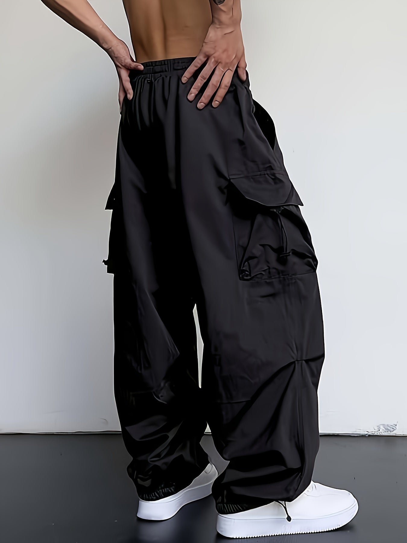 Men's Solid Color Baggy Cargo Pants With Drawstrings, Multi-pocket Casual Stylish Outdoor Trousers As Gift