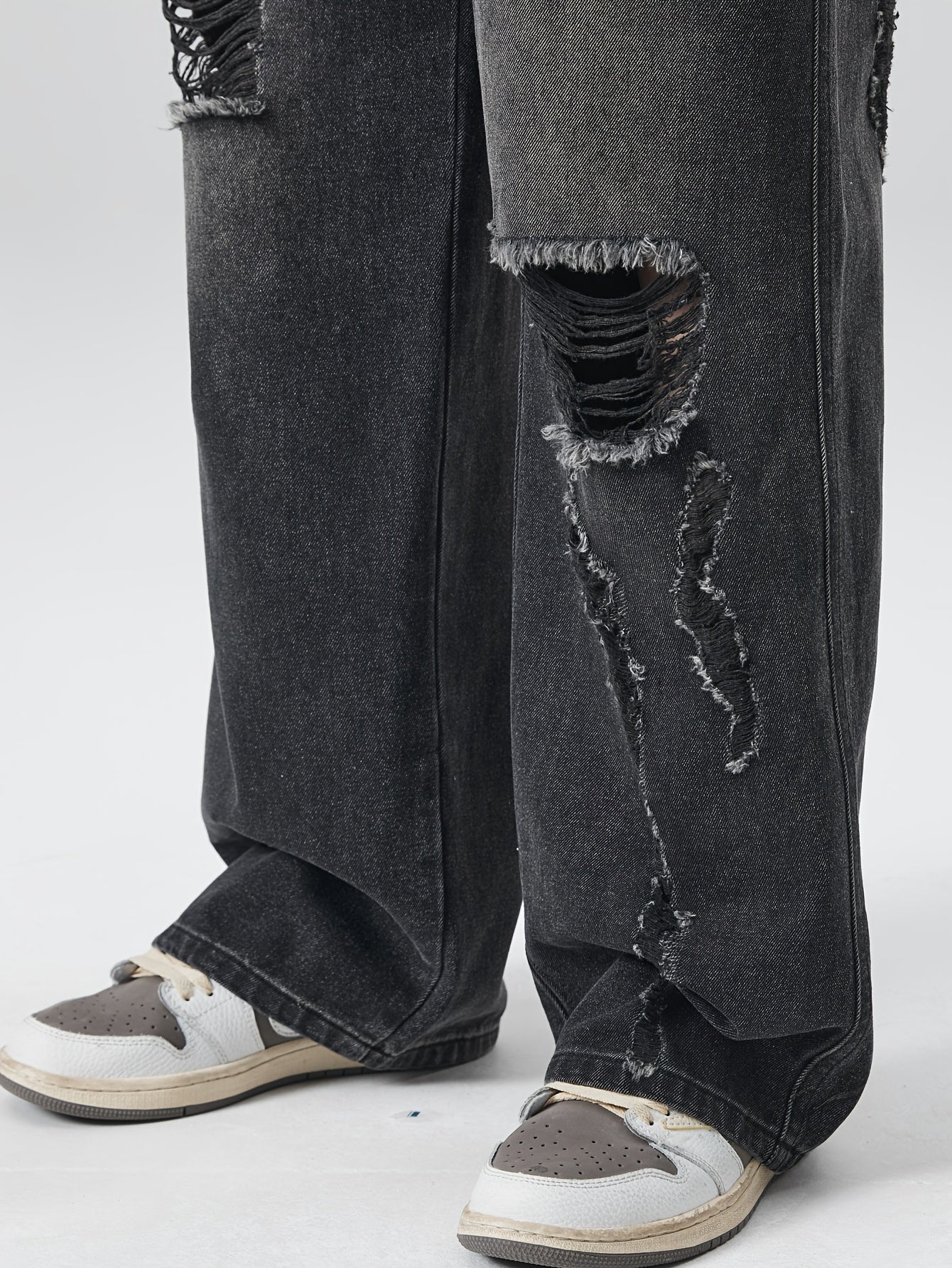 Men's Loose Fit Wide Leg Ripped Jeans, Men's Stylish Comfy Denim Pants, Street Style Fashion