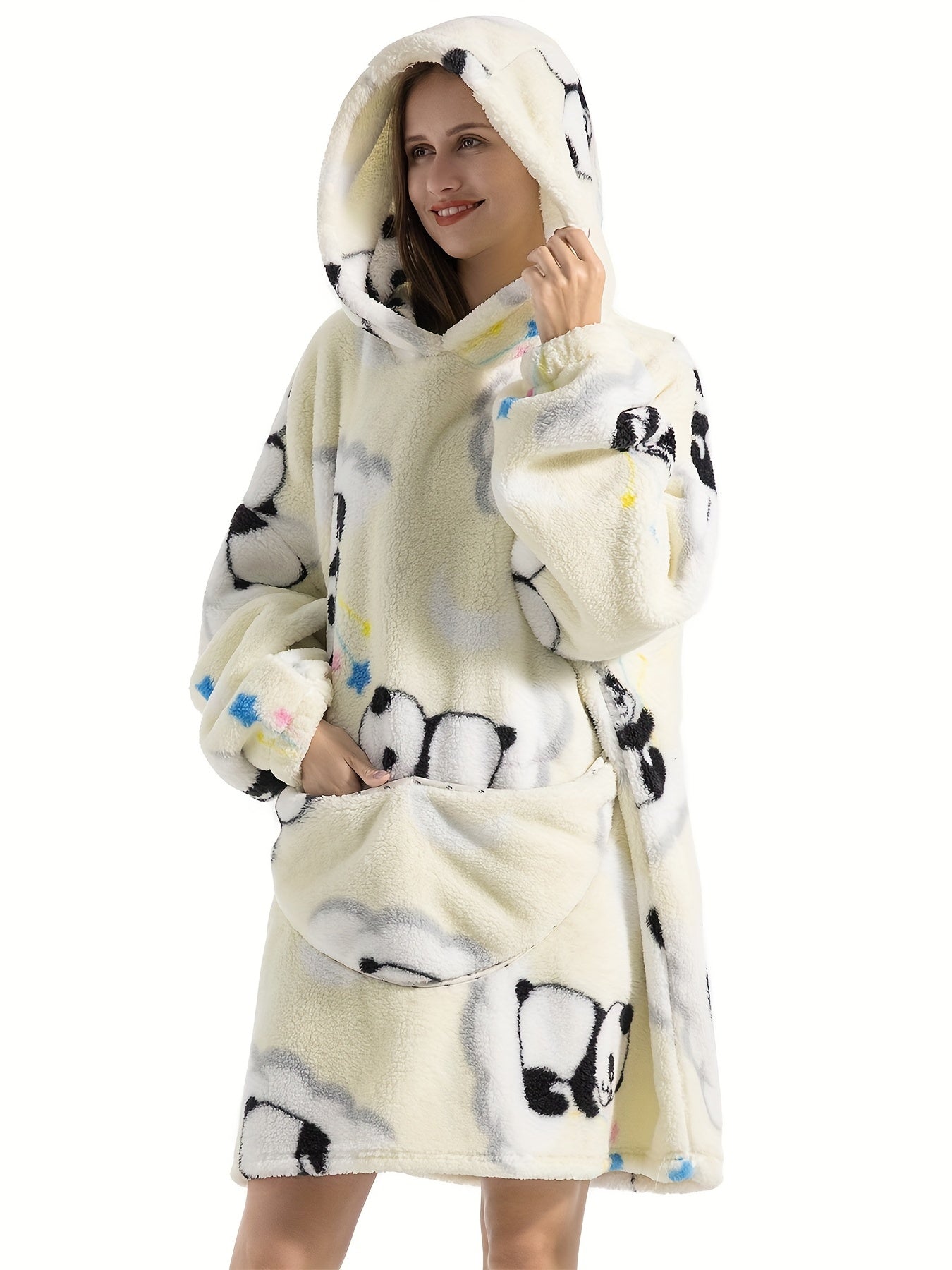 Plus Size Cute Lounge Robe, Women's Plus Panda Pattern Flannel Ultra Soft Oversized Fleece Hooded Fluffy Wearable Blanket With Pockets
