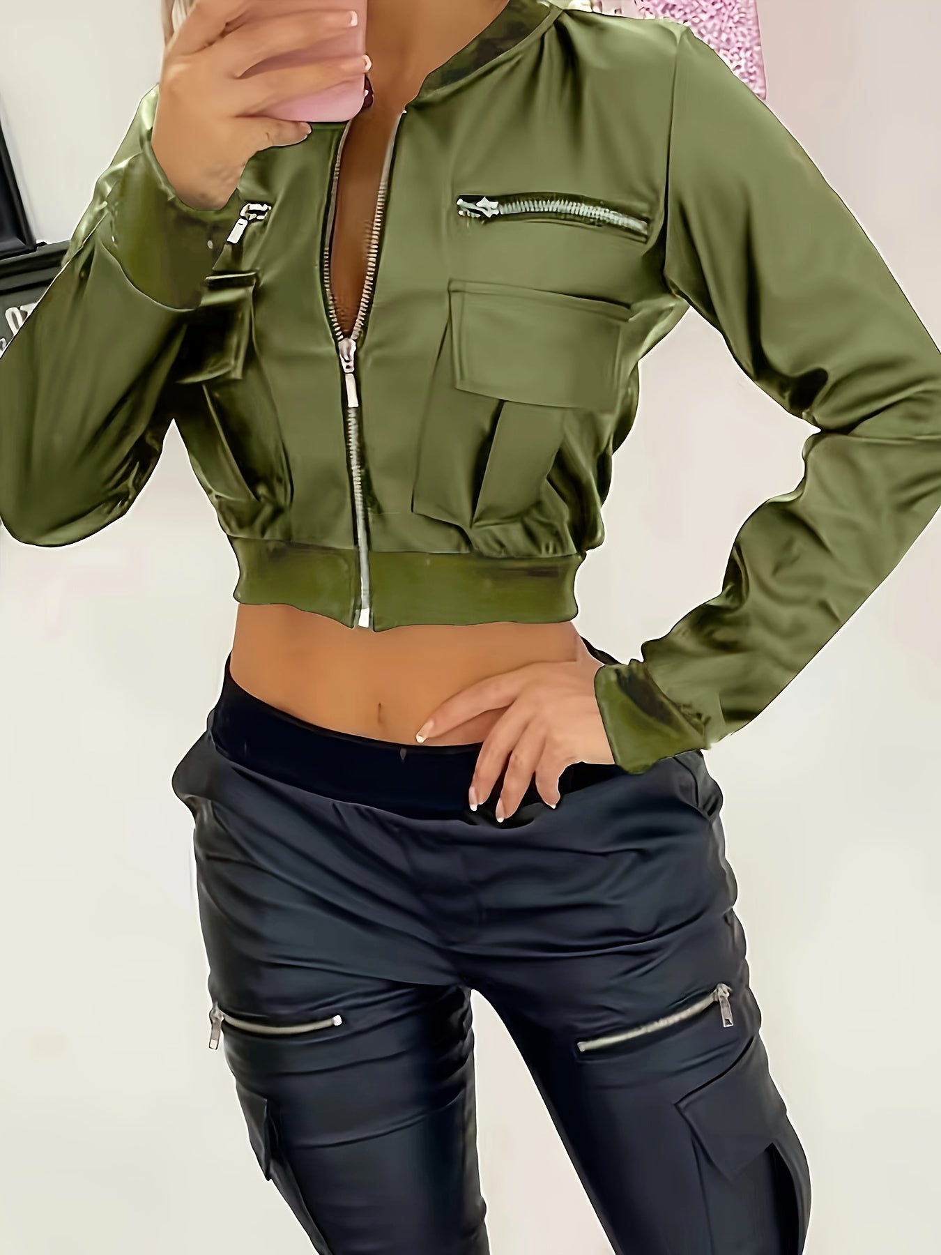 Trendy Solid Crop Jacket - Long Sleeve, Zipper Front, Y2K Inspired, Perfect for Spring & Fall, Women's Fashion Clothing for Casual Daily Wear