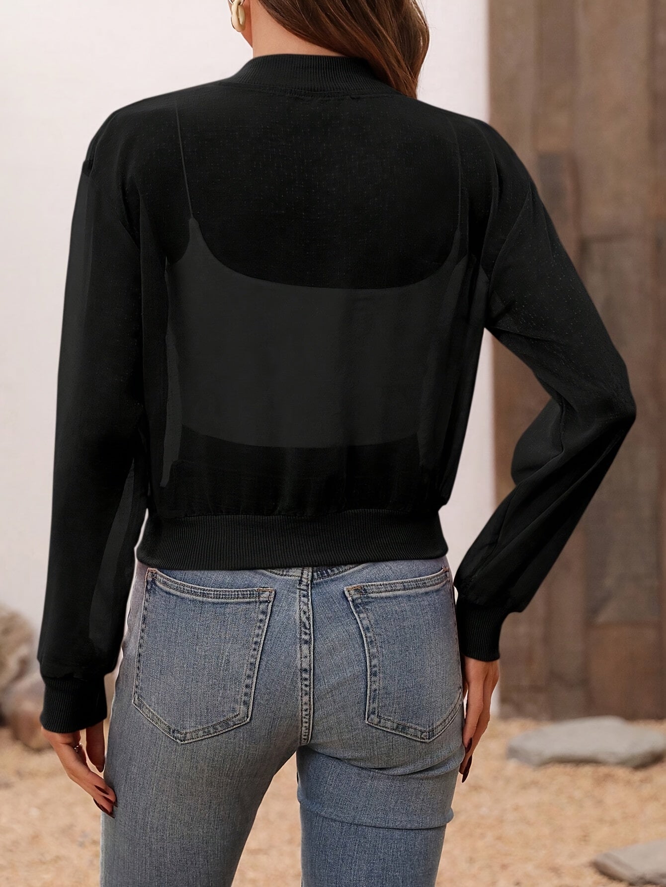 Breathable Mesh Drop Shoulder Jacket - Zipper Front Closure, Relaxed Fit, Long Sleeve, Casual Style - Ideal for Womens Fall and Winter Fashion