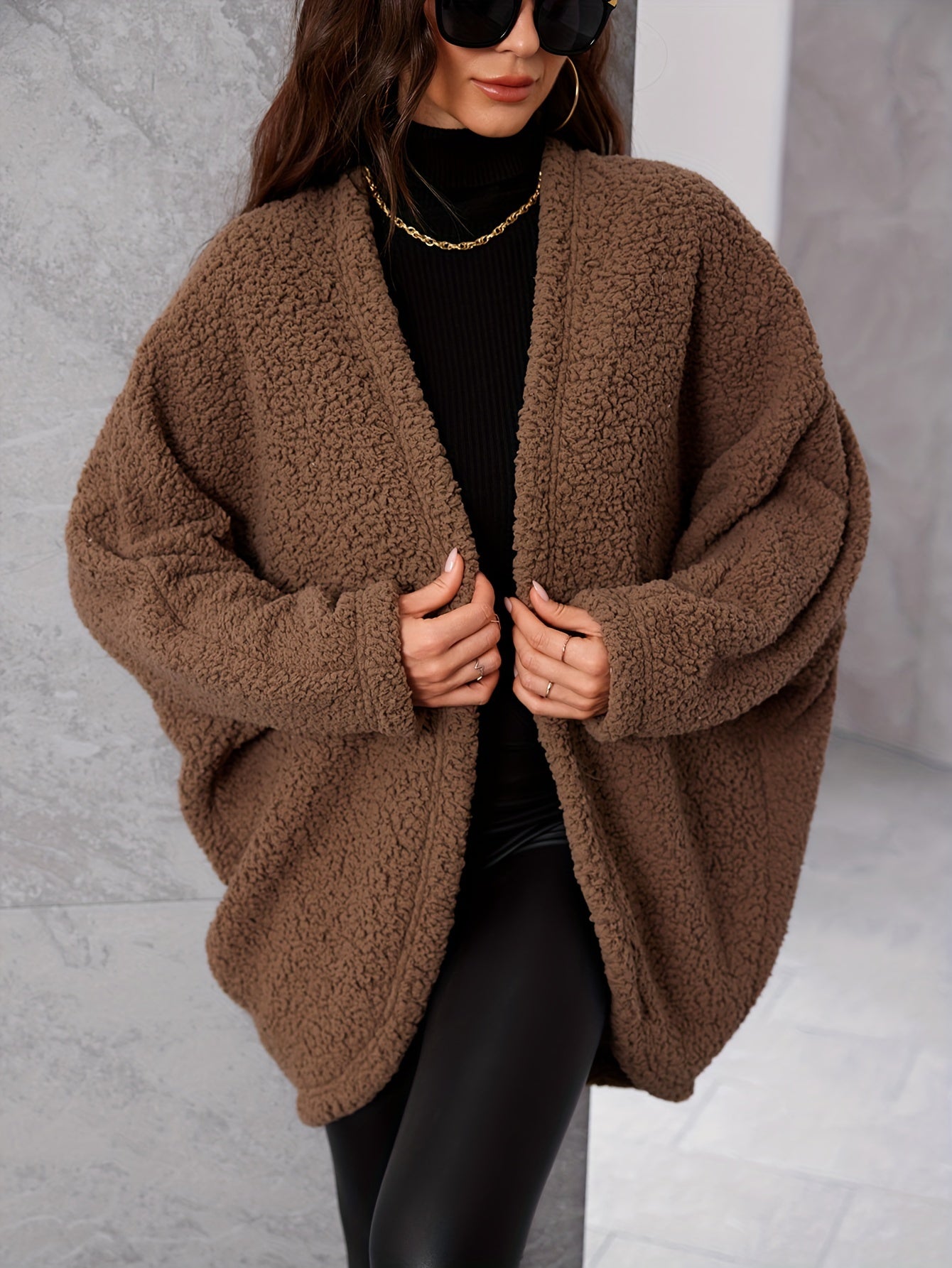 Stylish Batwing Sleeve Jacket - Soft, Solid Color, Open Front, Elegant Design, Warm Winter & Fall Wear, Women's Clothing, Versatile Outerwear for Daily Life