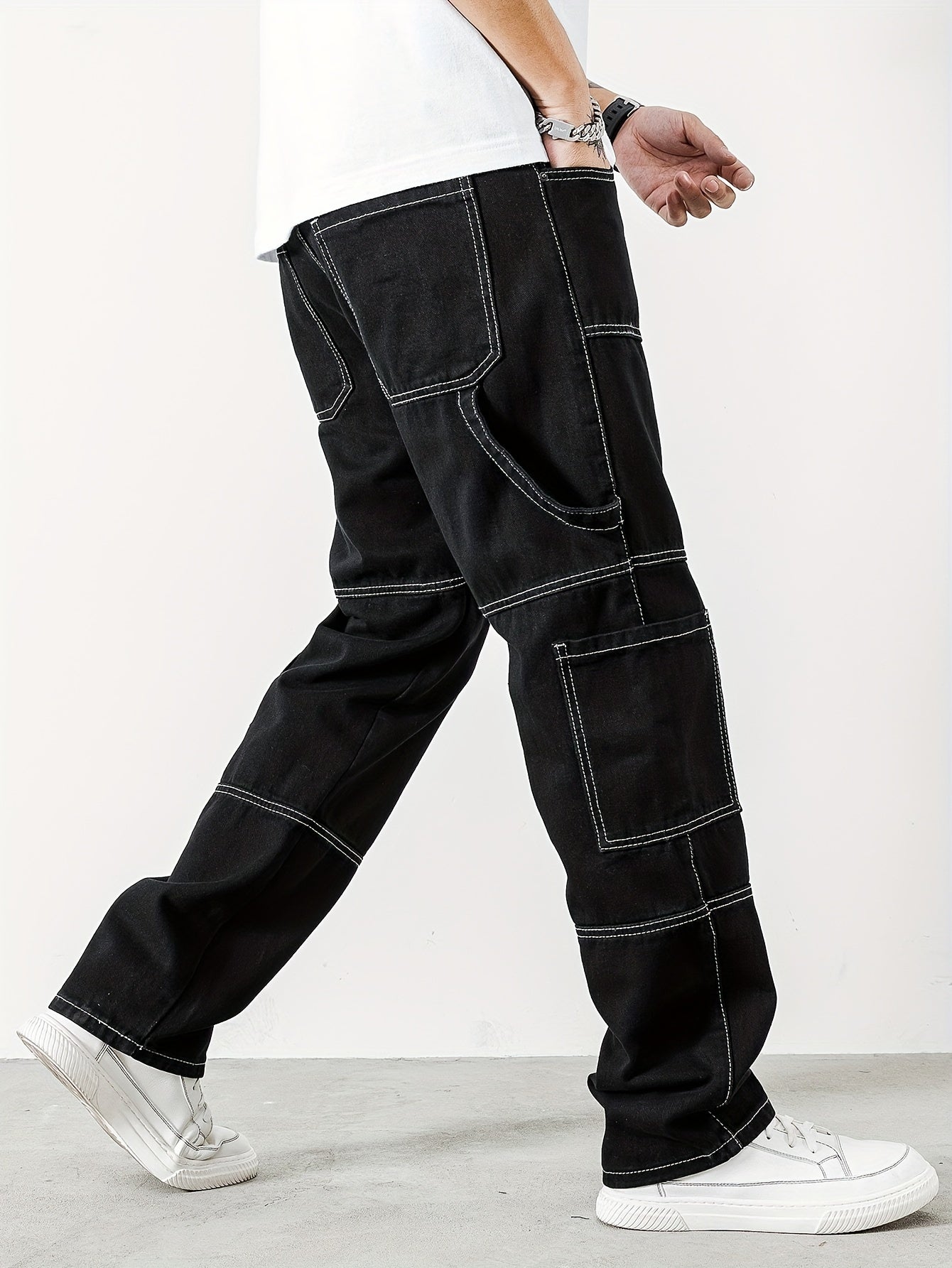 Mens Casual Cargo Pants with Spacious Pockets - Comfortable Straight Leg, Loose Fit Denim Style - Perfect for Outdoor Adventures, Trendy K-pop Inspired