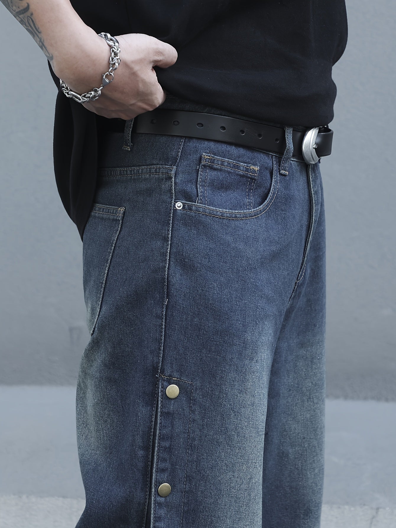 Men's Comfy Loose Fit Wide Leg Jeans - Stylish Fancy Button Detail, Soft Denim, Breathable, Street Style Fashion, Perfect for Casual Daily Wear