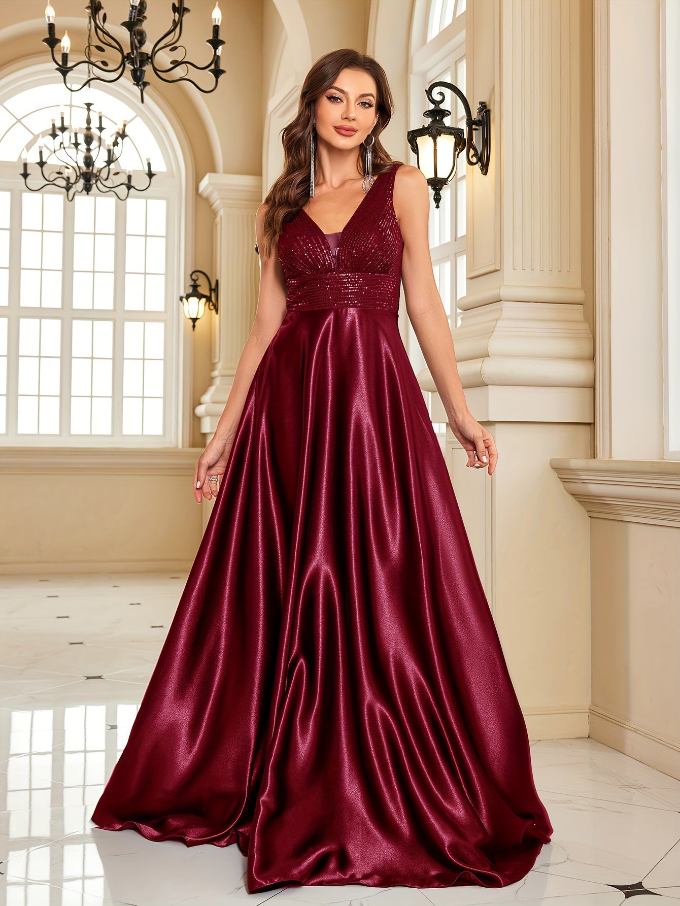 LOVECCR Sequin Sleeveless Bridesmaid Dress, Elegant V-neck Floor Length Dress For Wedding Party, Women's Clothing Wedding/Evening dress/Occasion/Engagement/Ceremony